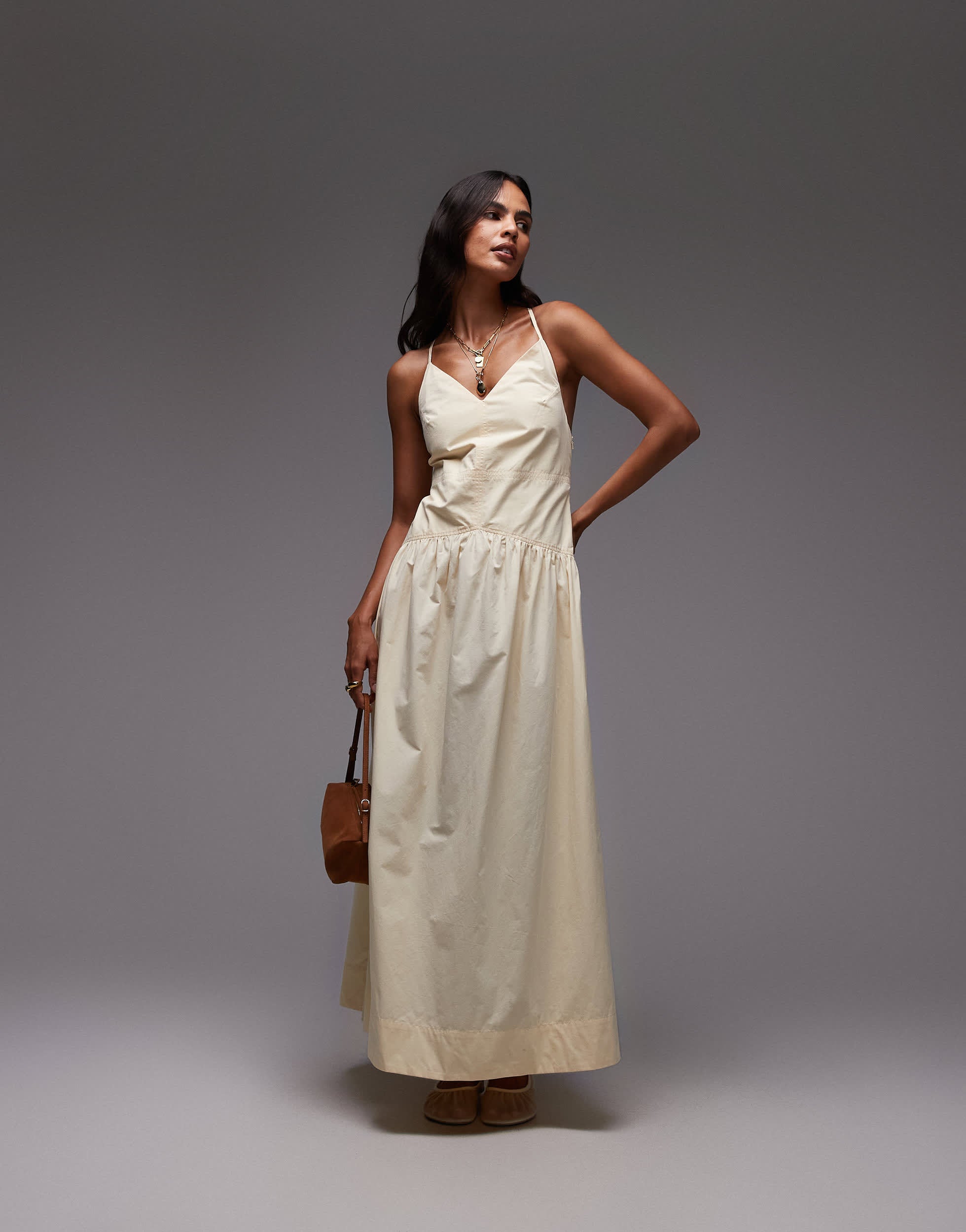 Topshop deep v poplin midi dress in buttermilk