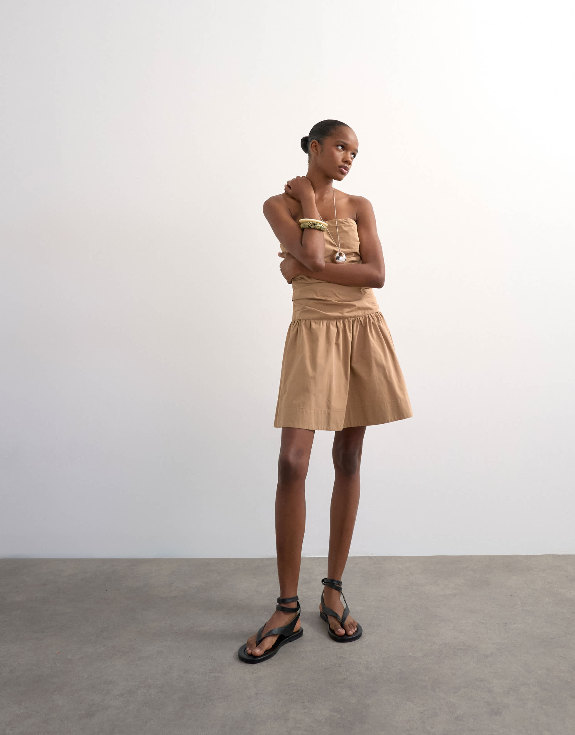 Topshop poplin ruched bandeau mini dress in taupe
