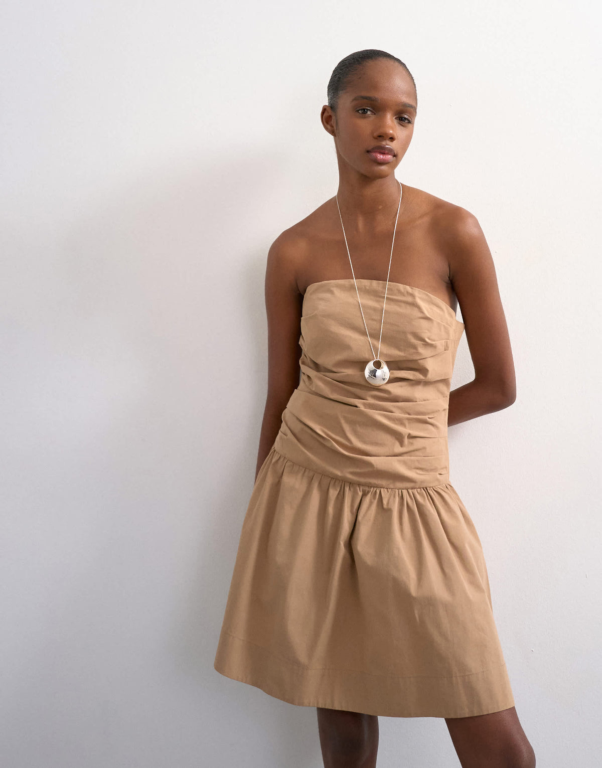 Topshop poplin ruched bandeau mini dress in taupe