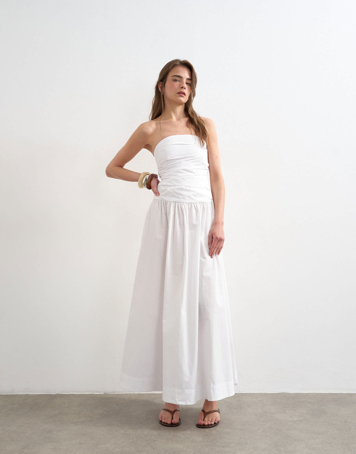 Topshop poplin ruched bandeau midi dress in white