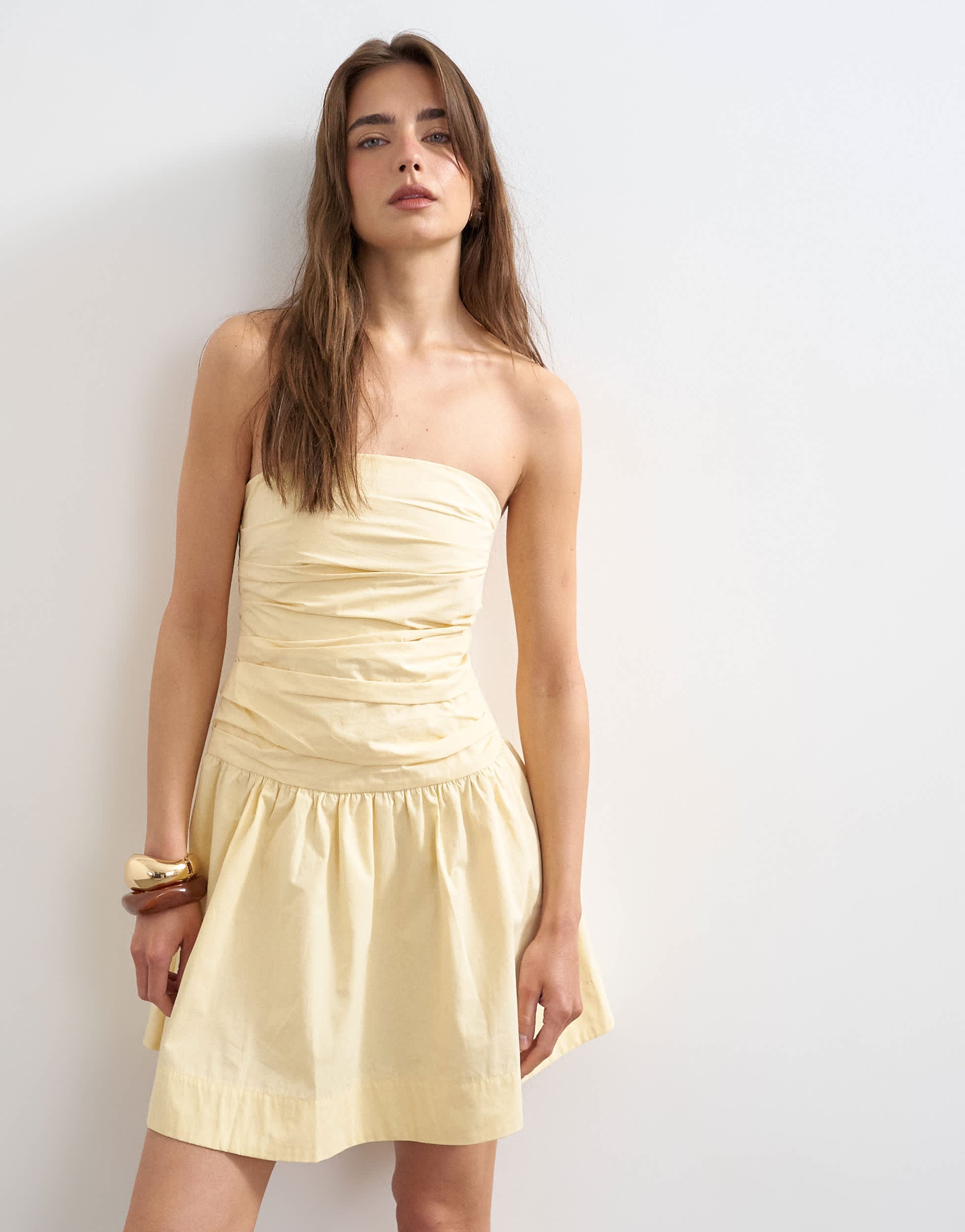 Topshop poplin ruched bandeau mini dress in buttermilk