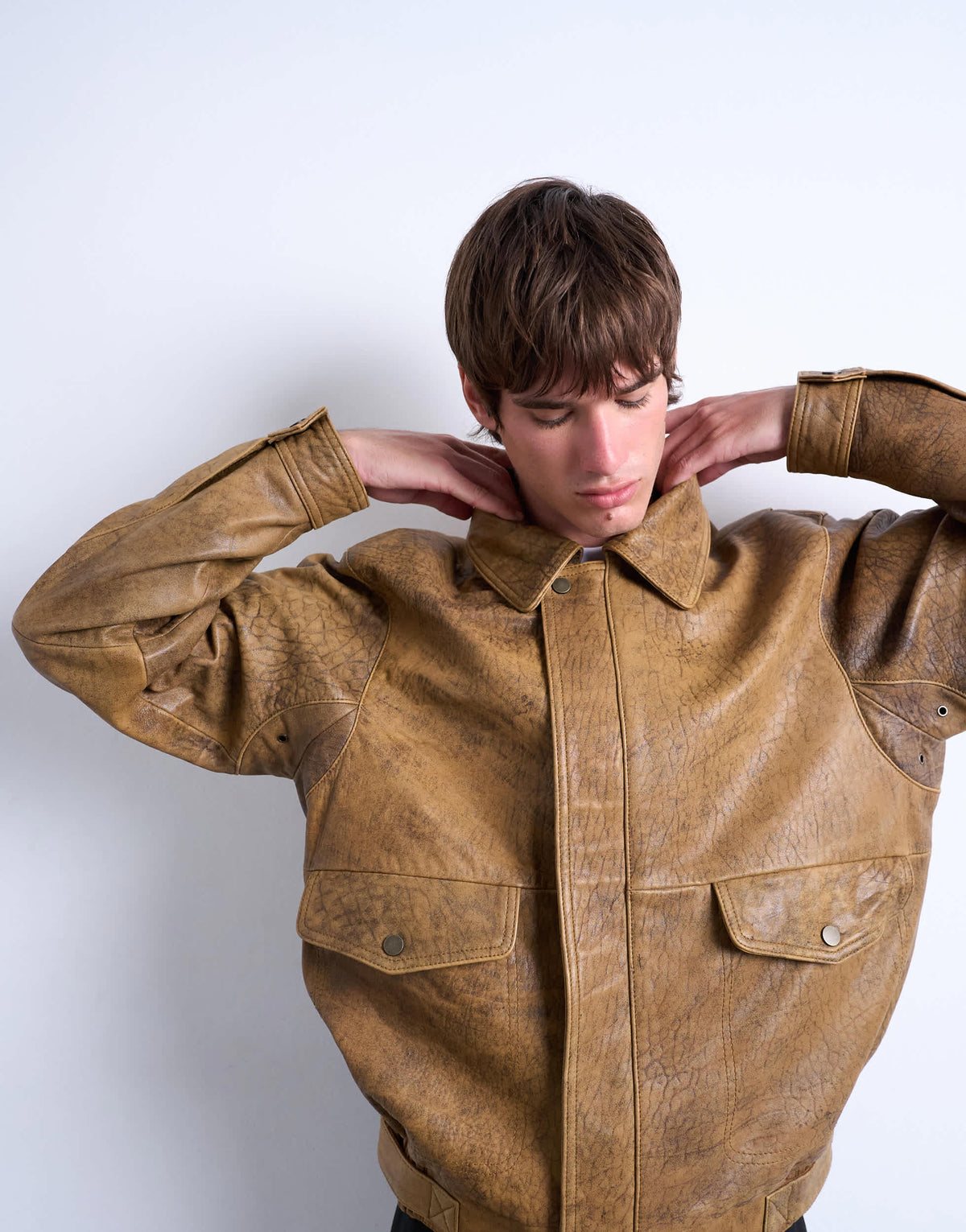 Topman real leather double pocket coat in tan