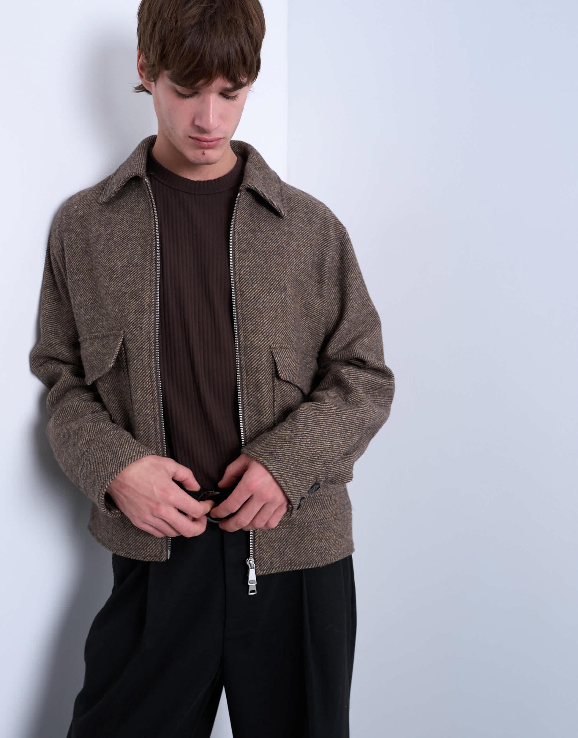 Topman herringbone short jacket in brown