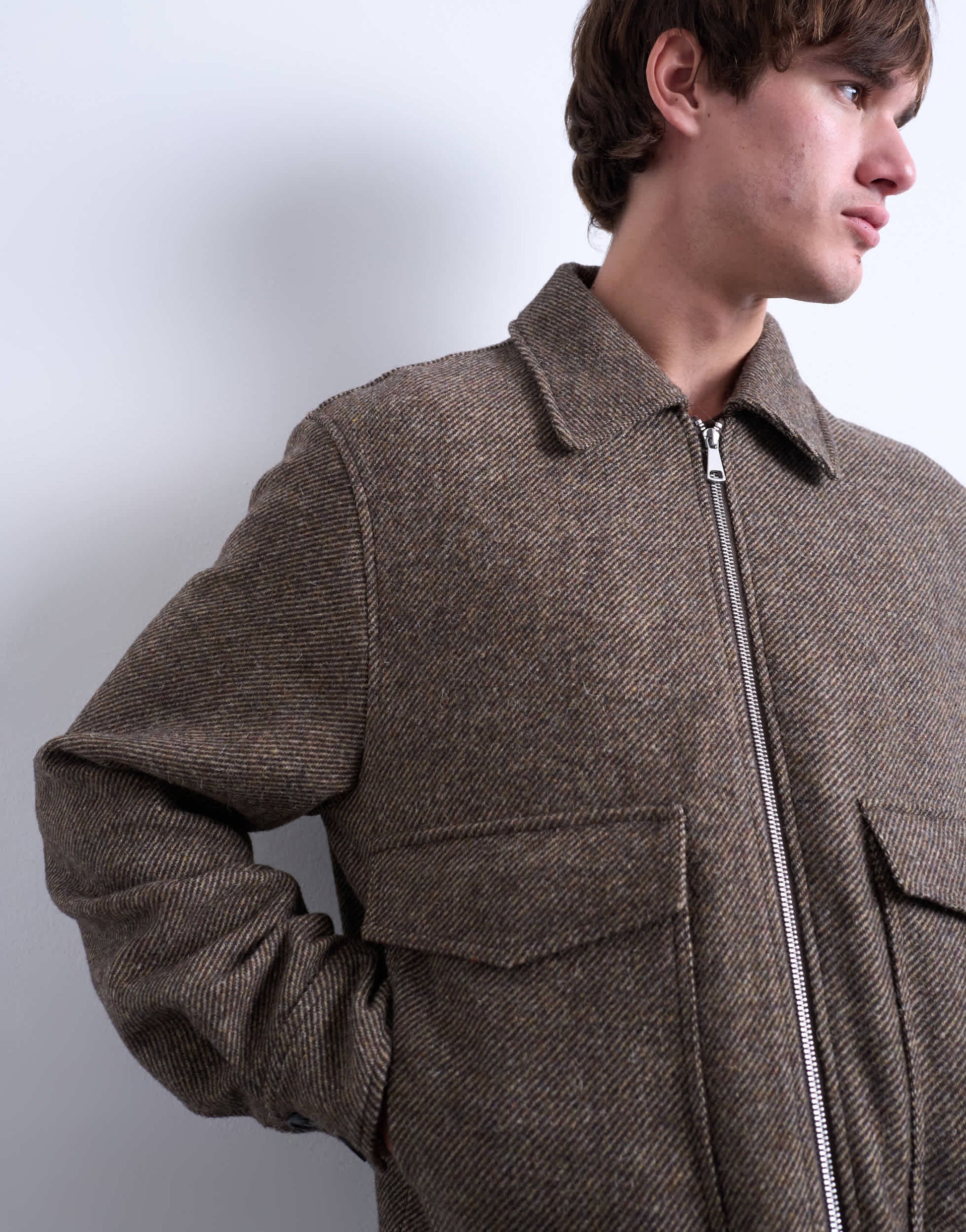 Topman herringbone short jacket in brown