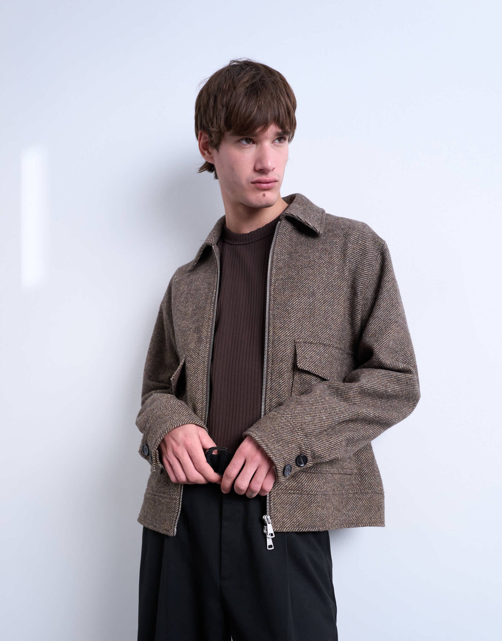 Topman herringbone short jacket in brown