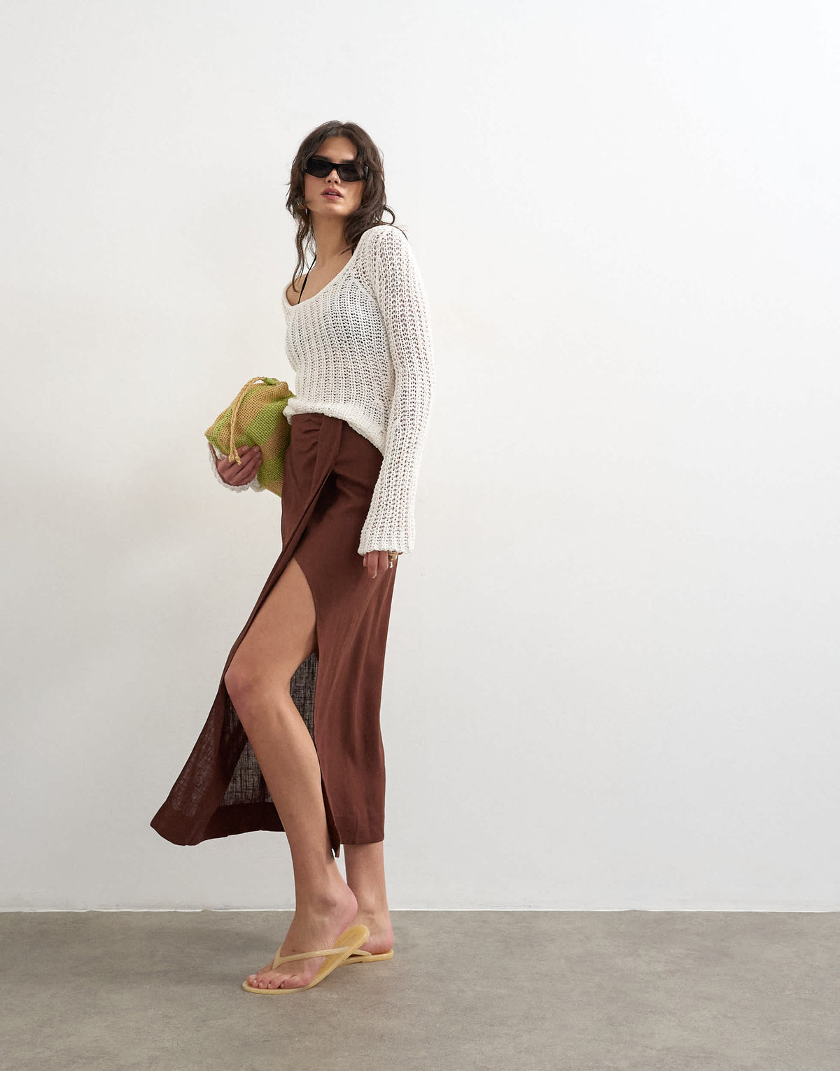 Topshop linen sarong maxi skirt in brown