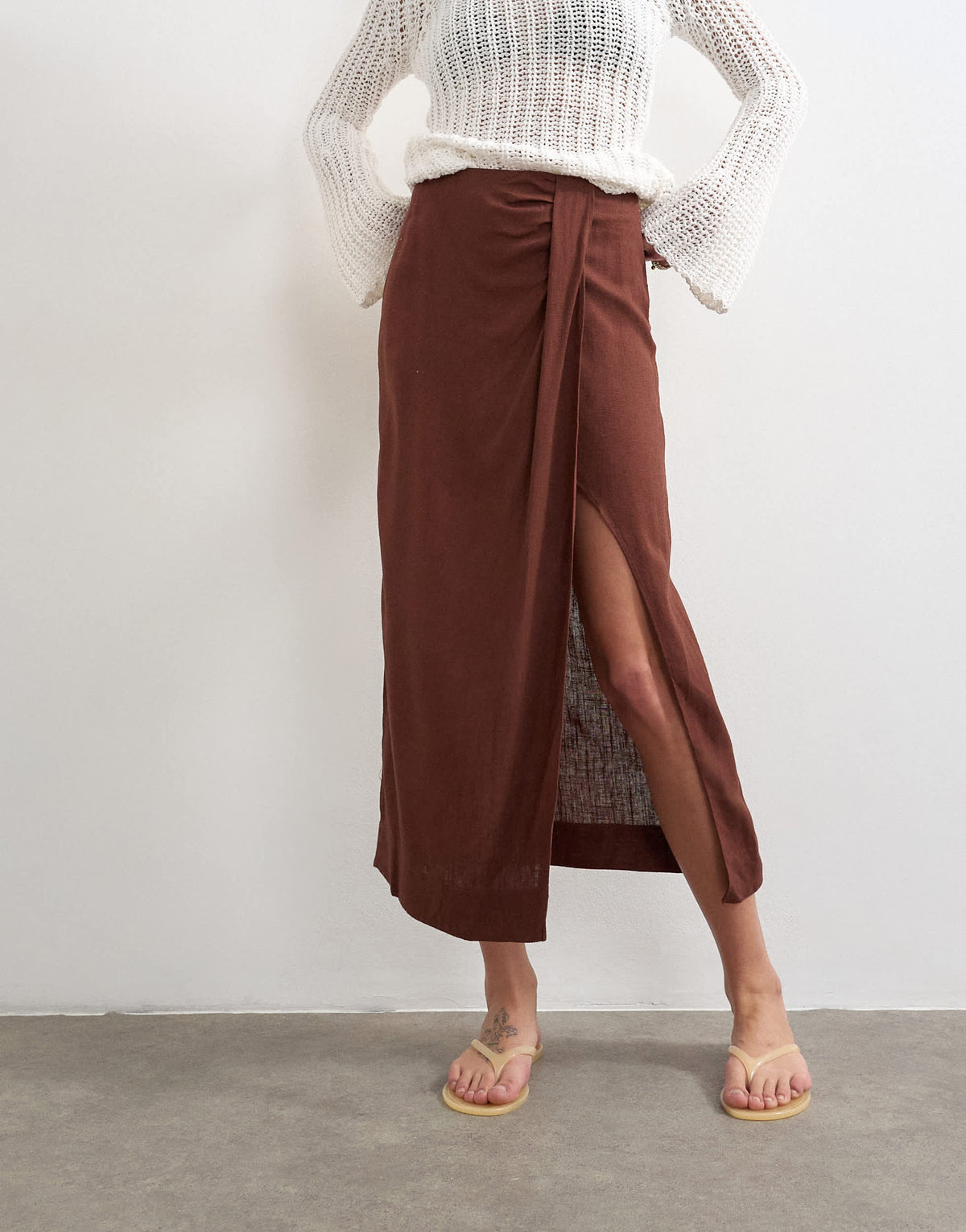 Topshop linen sarong maxi skirt in brown