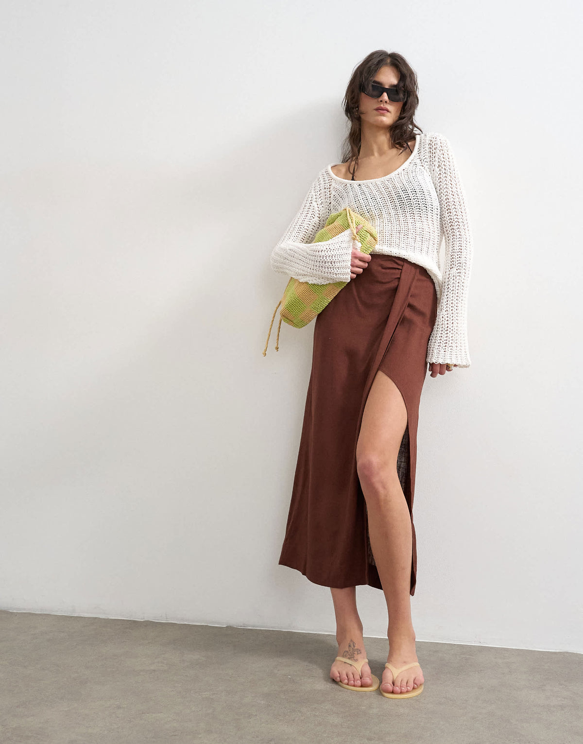 Topshop linen sarong maxi skirt in brown