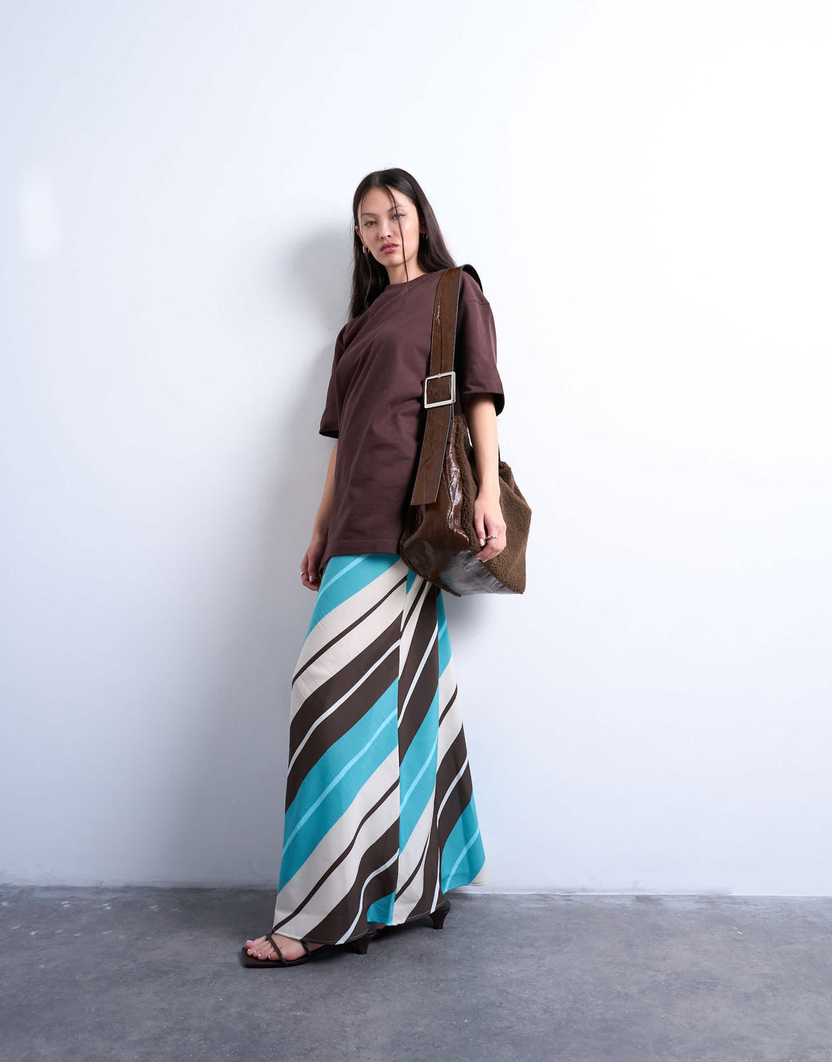 Topshop flood length cupro maxi bias skirt in brown and blue stripe