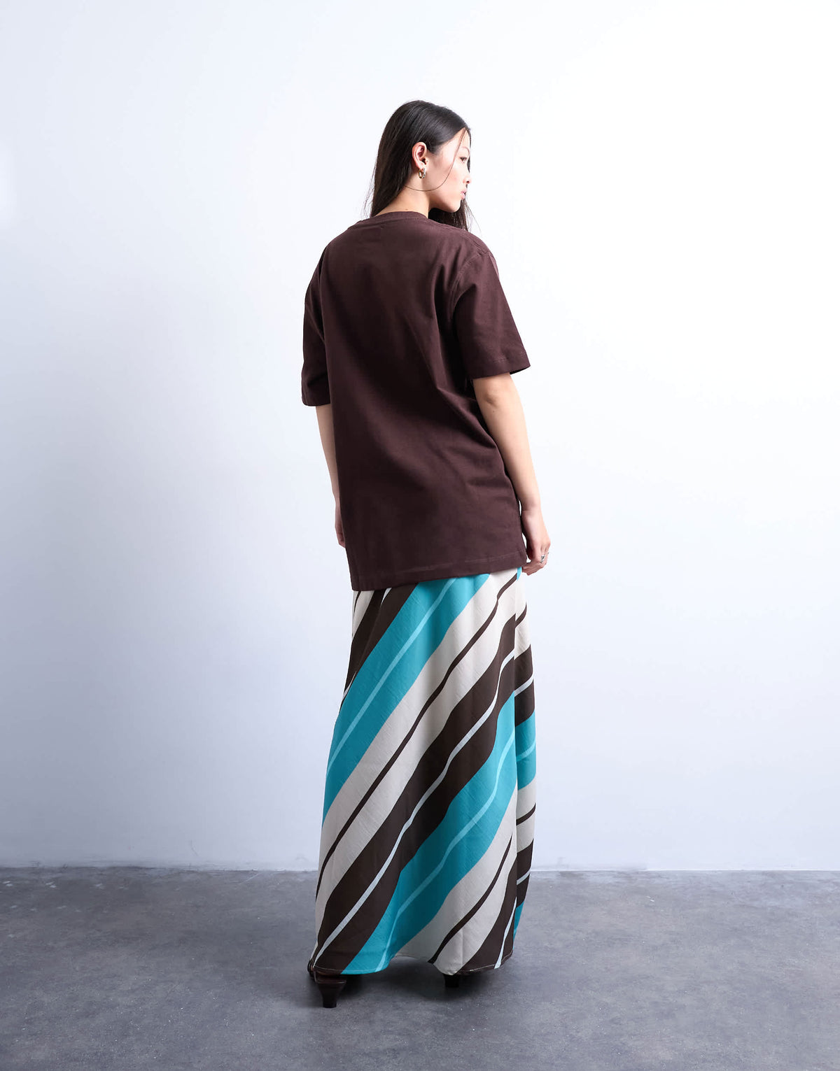 Topshop flood length cupro maxi bias skirt in brown and blue stripe