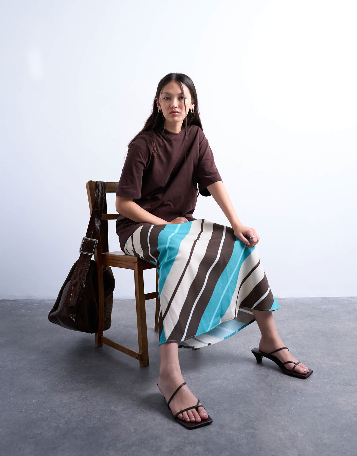 Topshop flood length cupro maxi bias skirt in brown and blue stripe