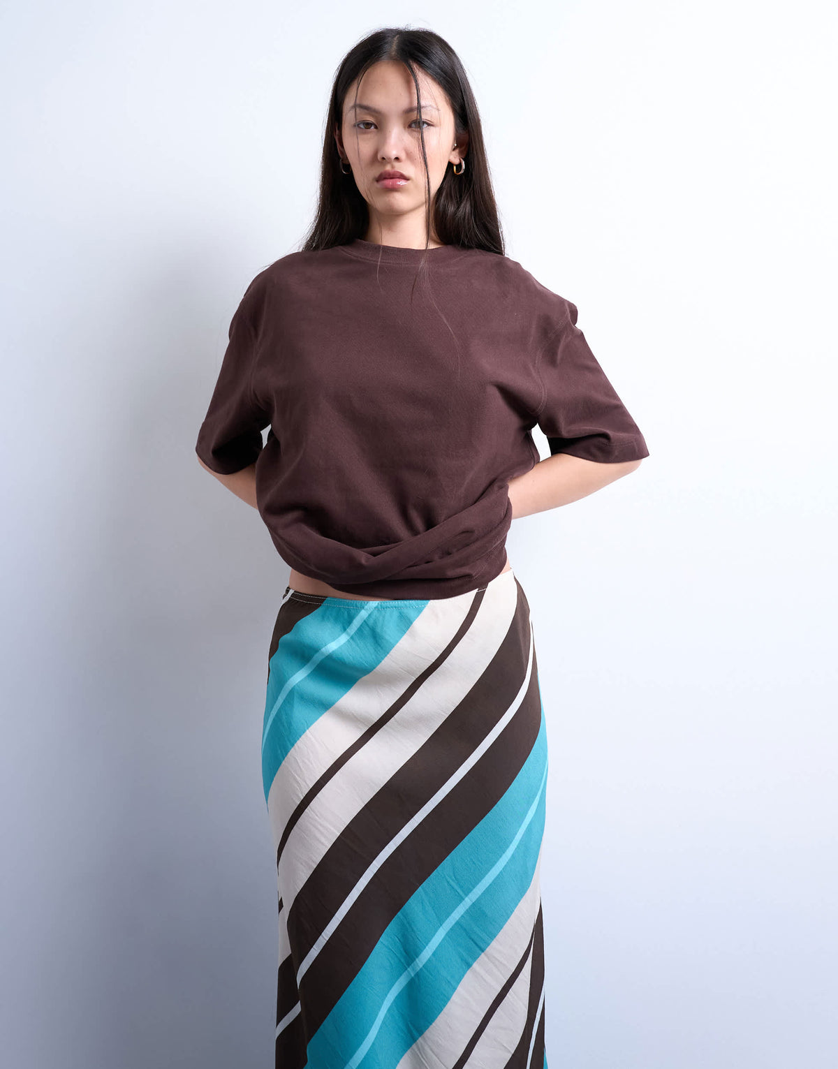 Topshop flood length cupro maxi bias skirt in brown and blue stripe