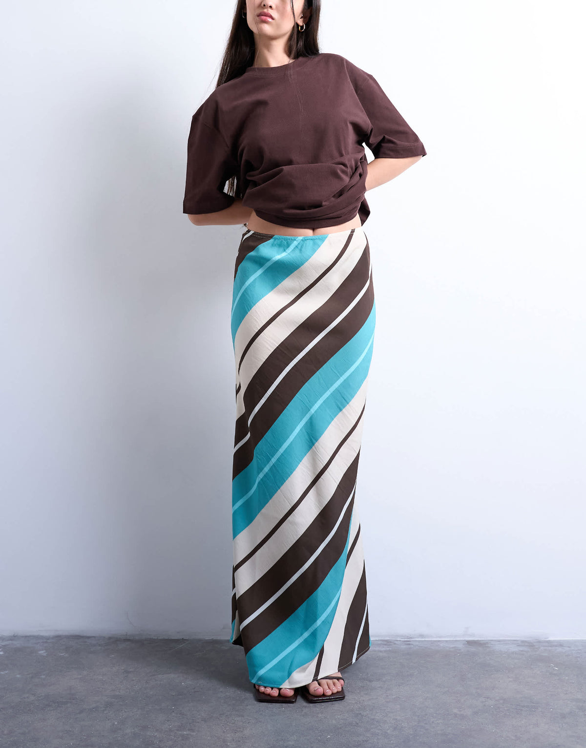 Topshop flood length cupro maxi bias skirt in brown and blue stripe