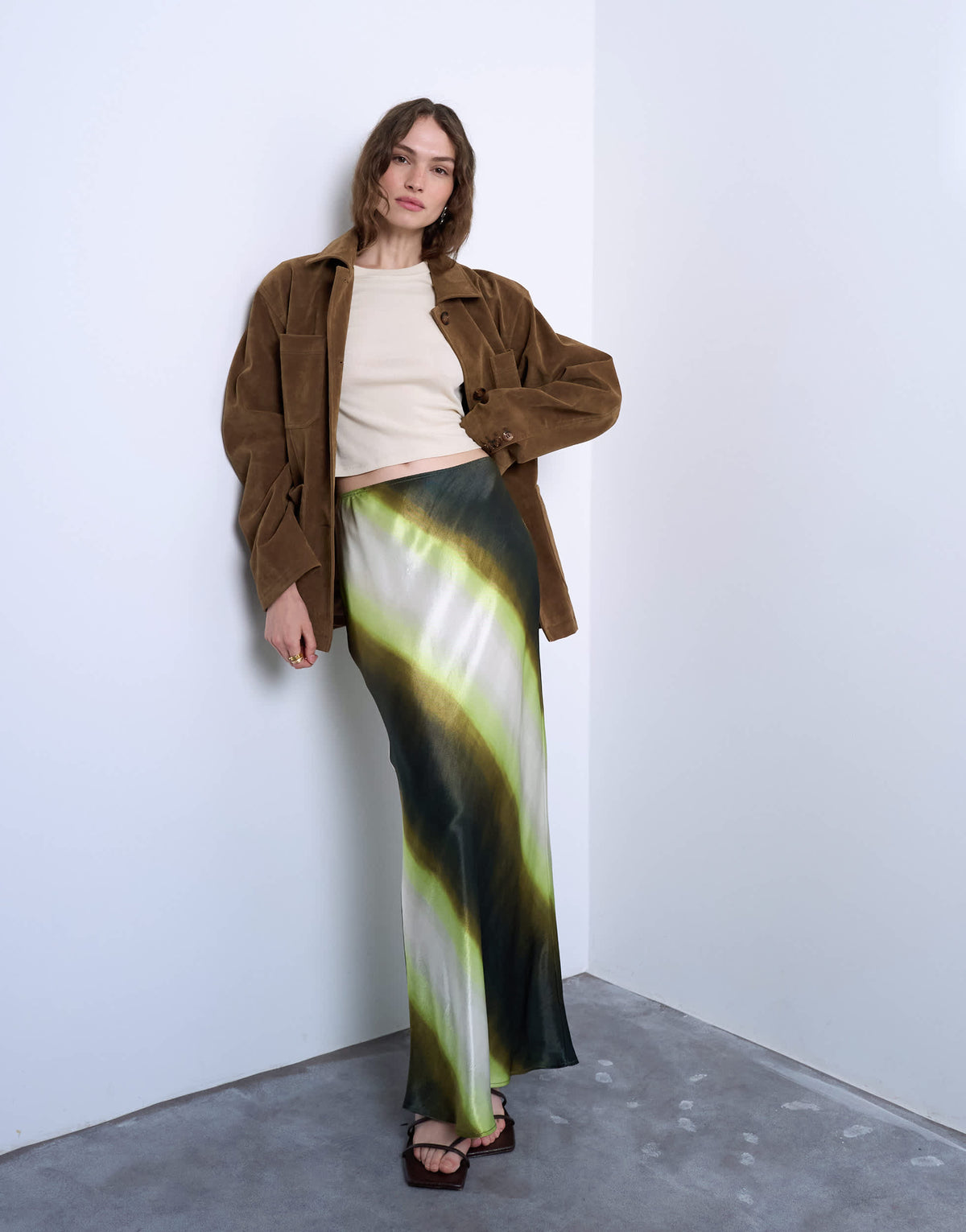 Topshop satin bias maxi skirt in lime ombre stripe
