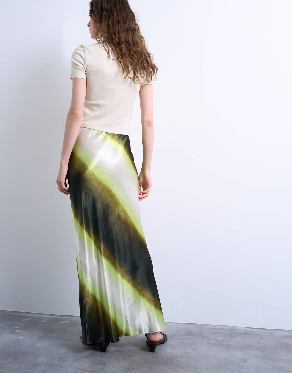 Topshop satin bias maxi skirt in lime ombre stripe