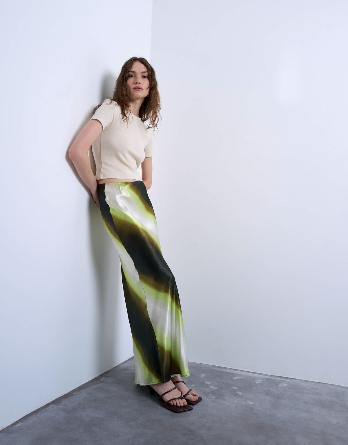 Topshop satin bias maxi skirt in lime ombre stripe
