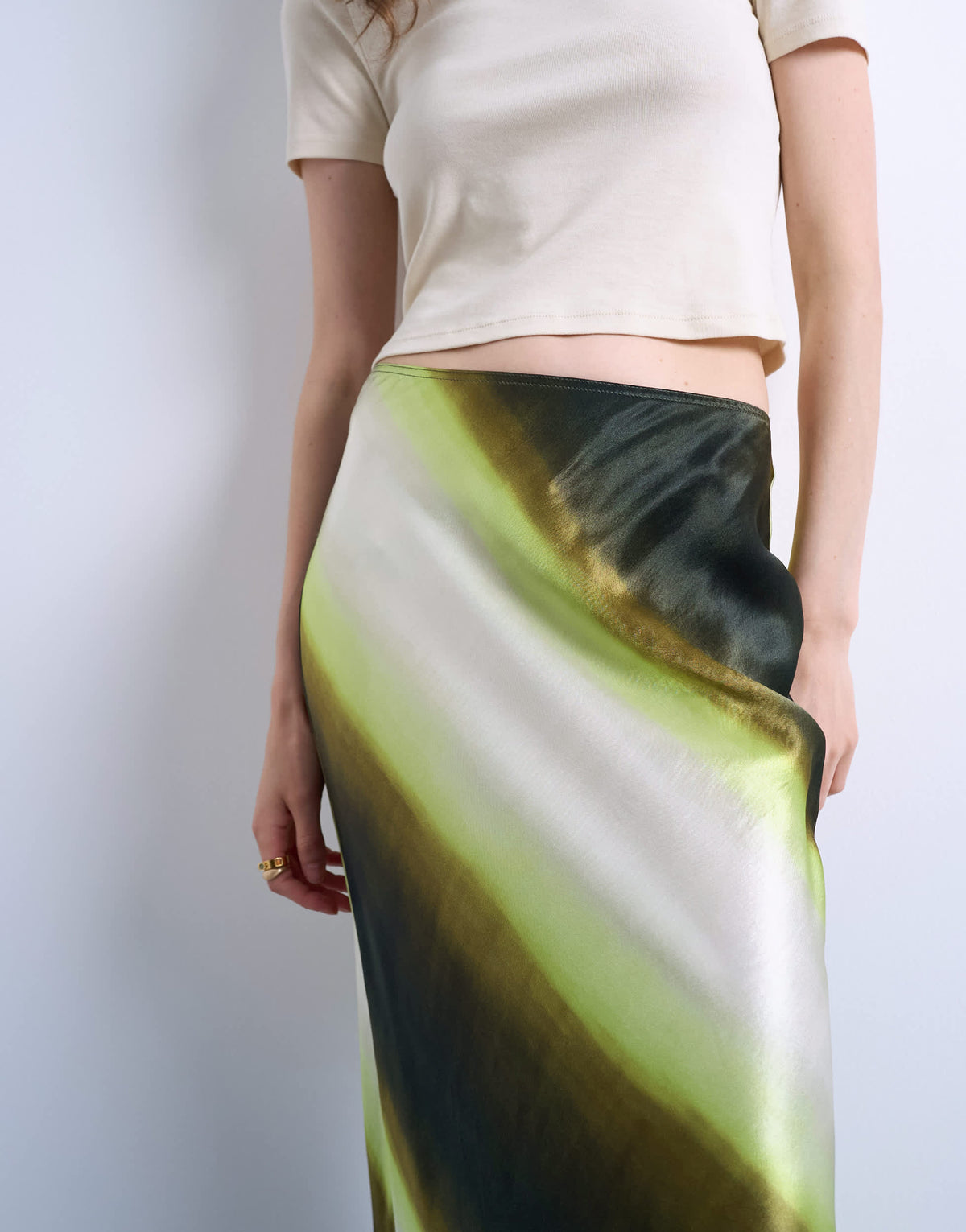 Topshop satin bias maxi skirt in lime ombre stripe