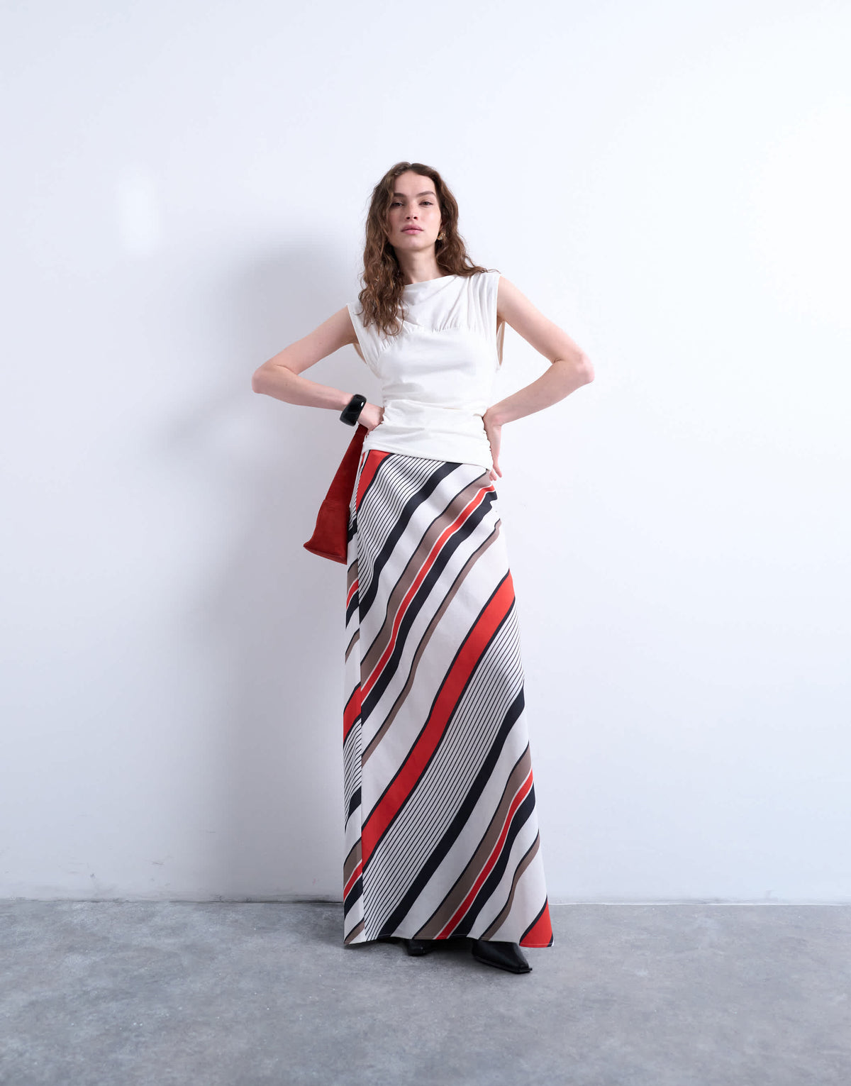 Topshop flood length maxi bias skirt in red and white stripe