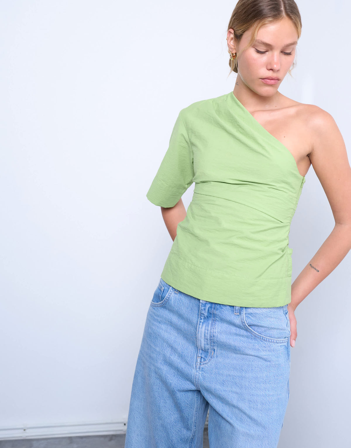 Topshop off shoulder drape neck in avocado green