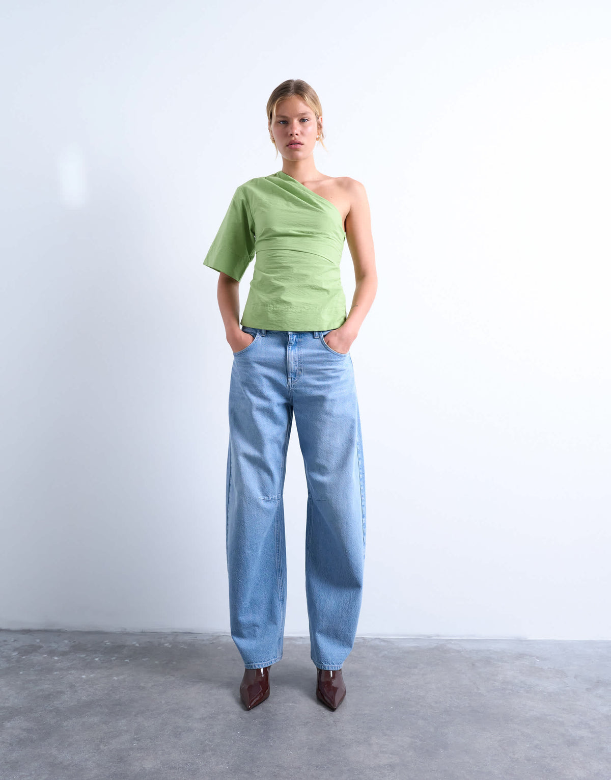 Topshop off shoulder drape neck in avocado green