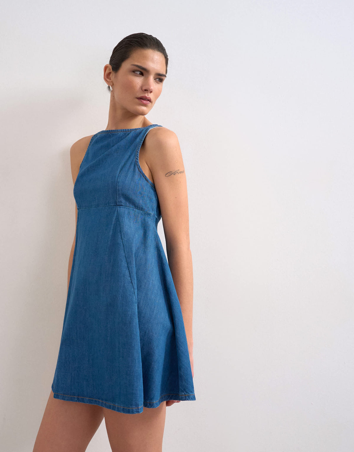 Topshop denim slash neck flippy mini dress in mid blue