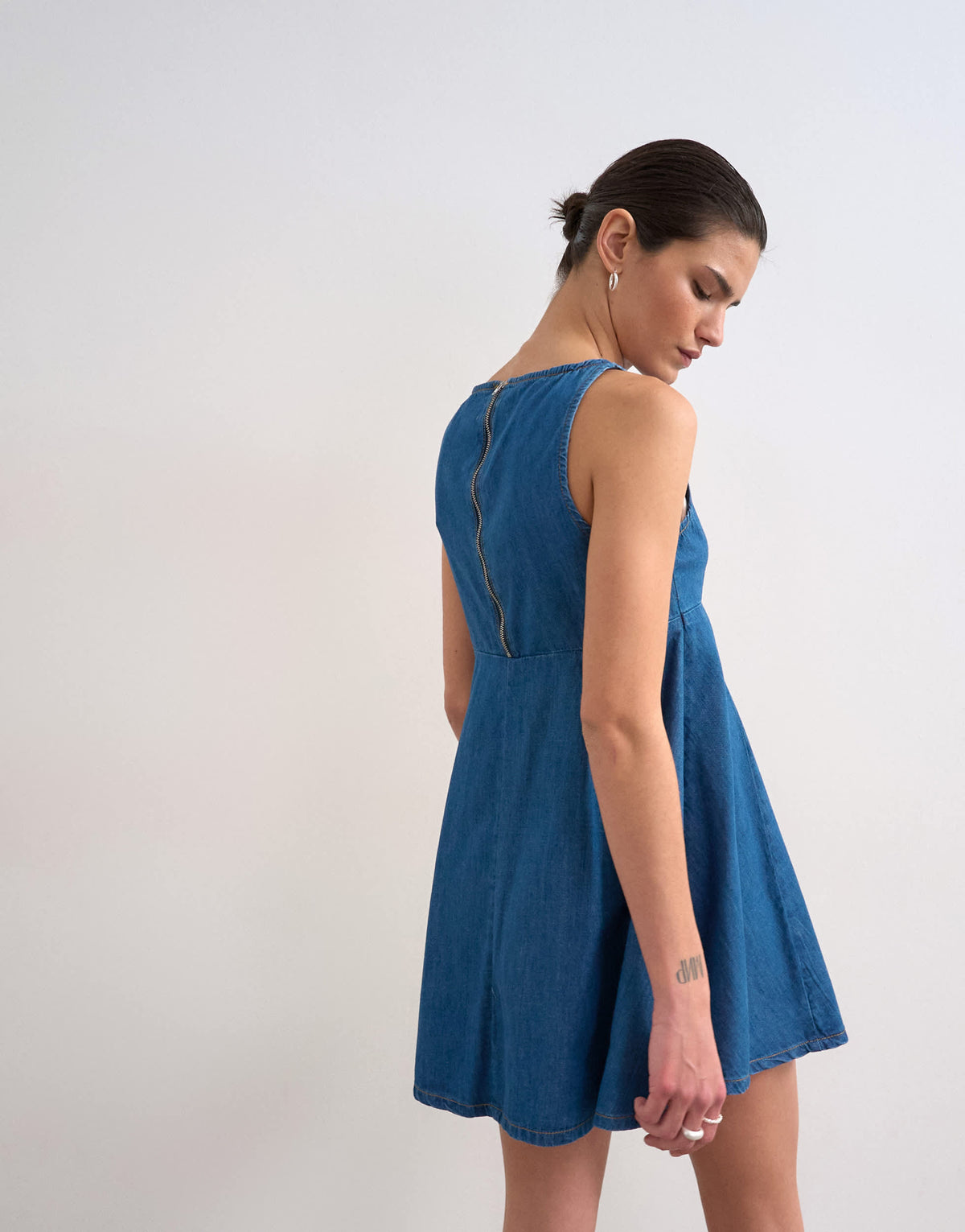 Topshop denim slash neck flippy mini dress in mid blue