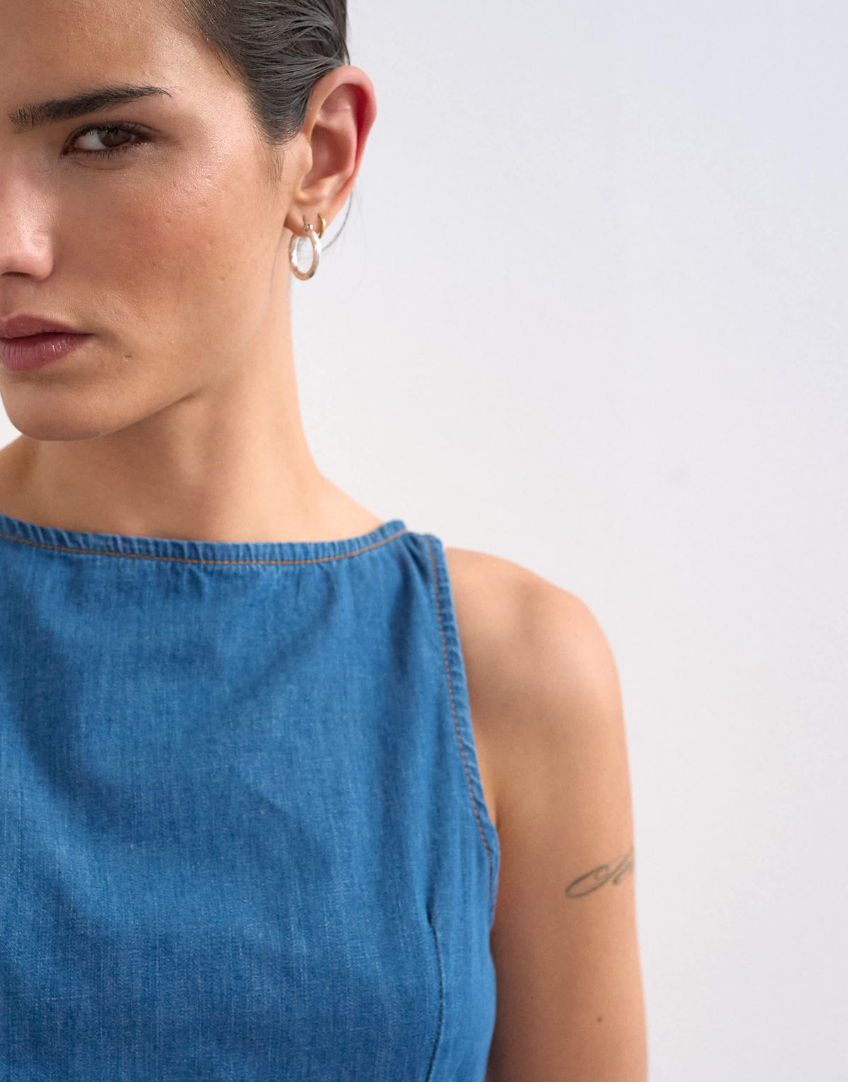 Topshop denim slash neck flippy mini dress in mid blue