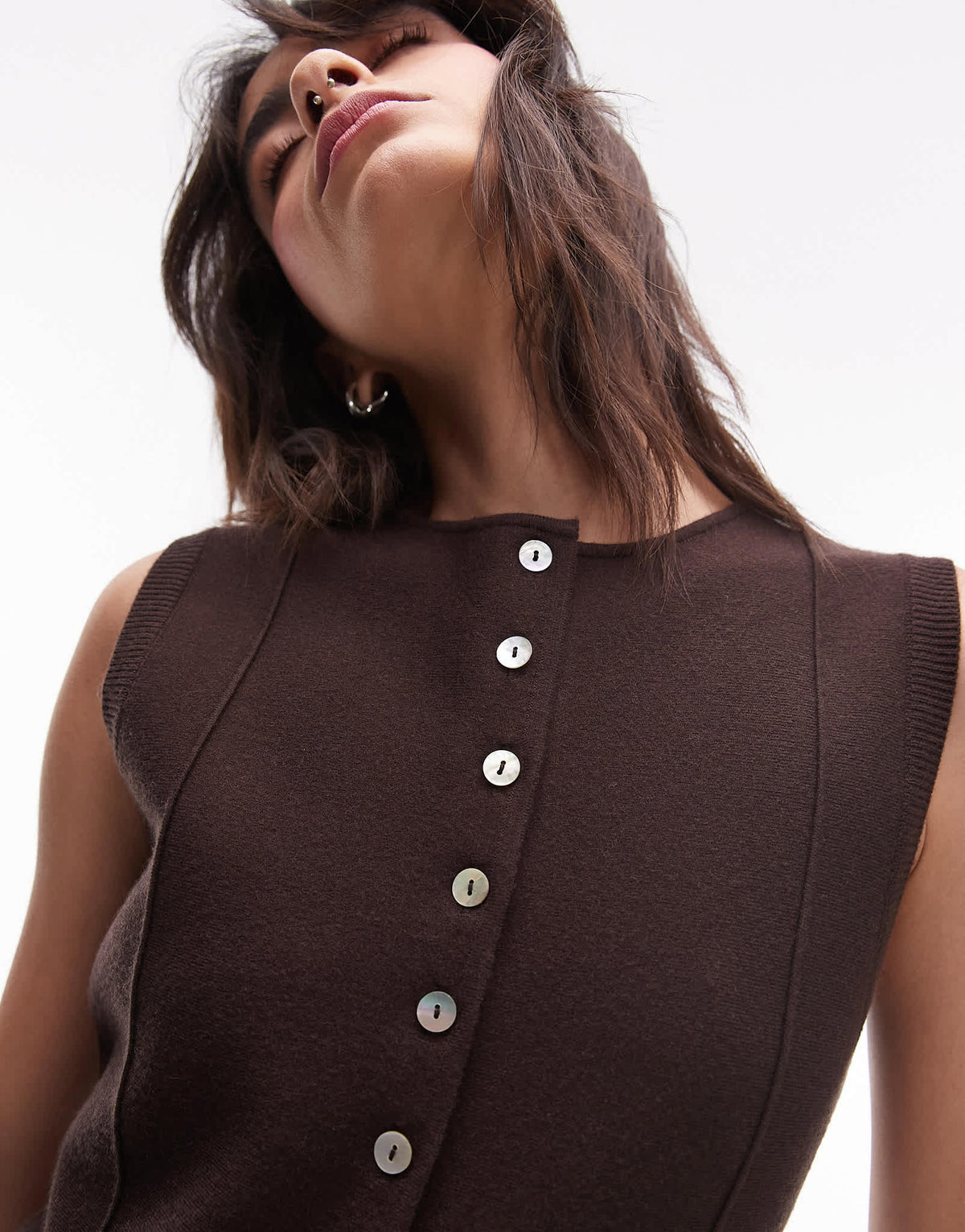 Topshop longline compact knitted waistcoat in brown