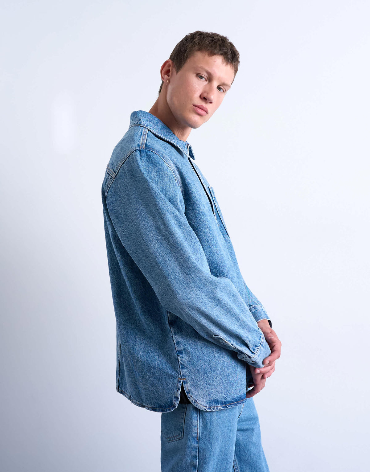 Topman relaxed fit overhead denim shirt in mid wash