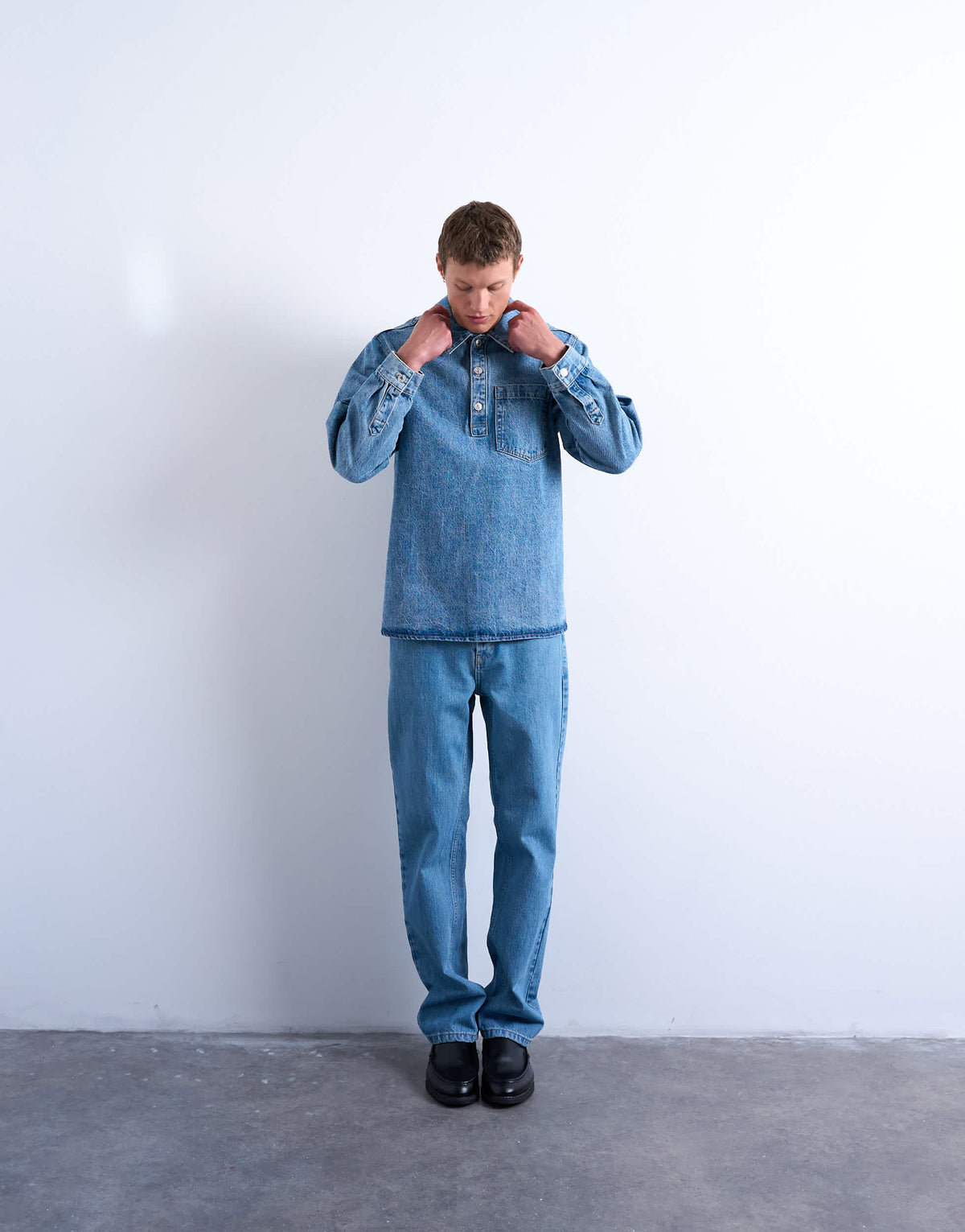 Topman relaxed fit overhead denim shirt in mid wash