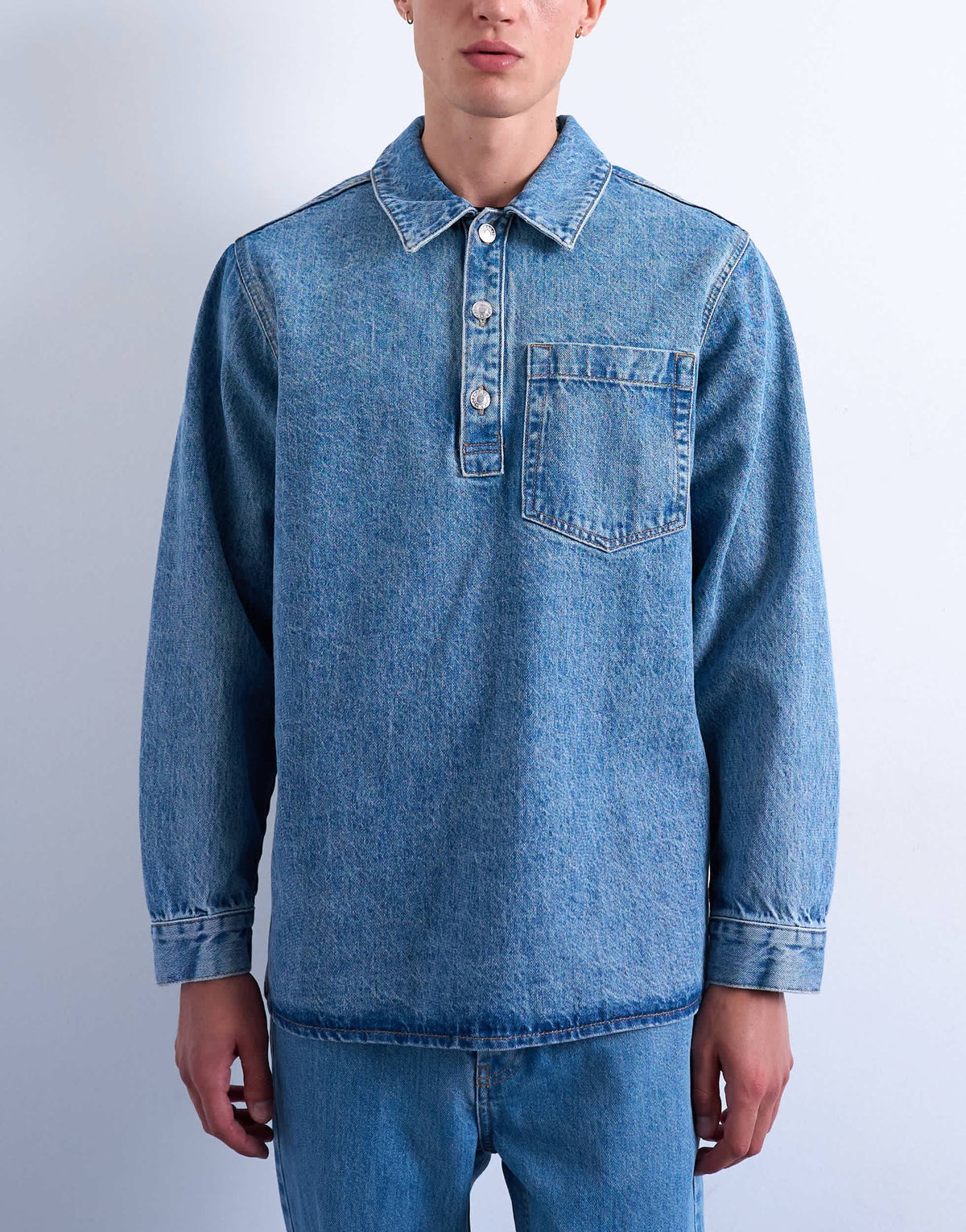 Topman relaxed fit overhead denim shirt in mid wash