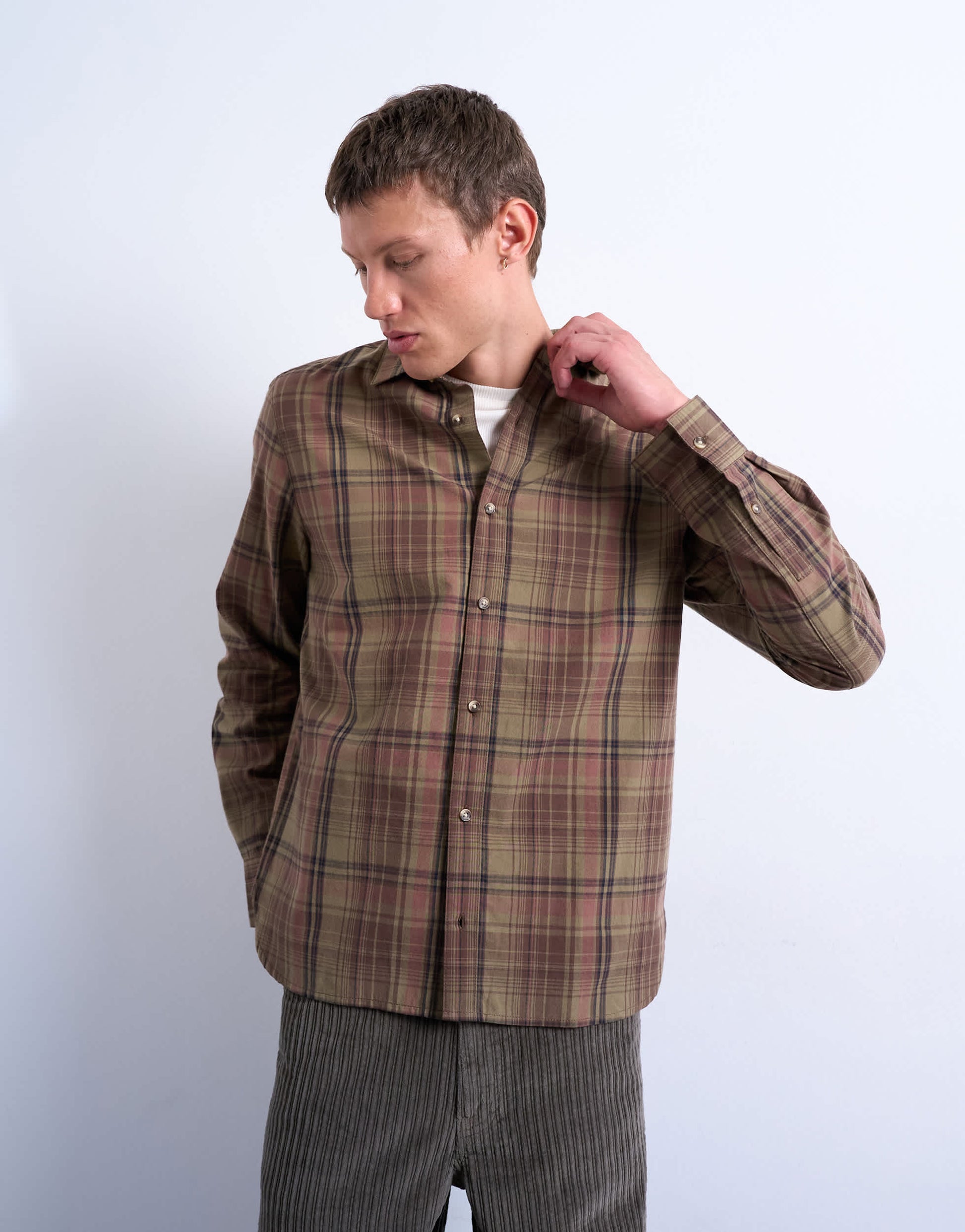Topman regular fit poplin check shirt in green
