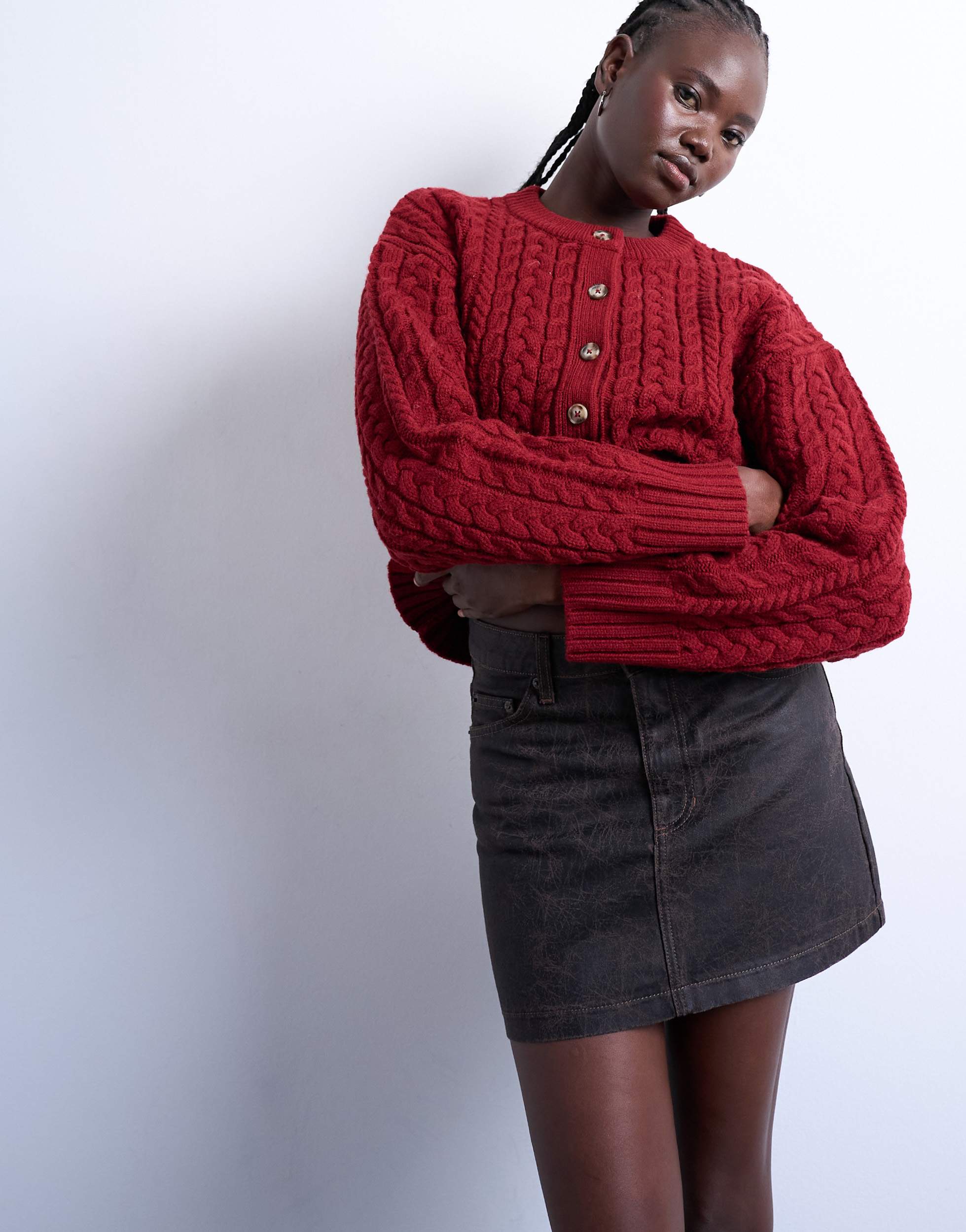 Jupe courte en jean Topshop à volant marron craquelé