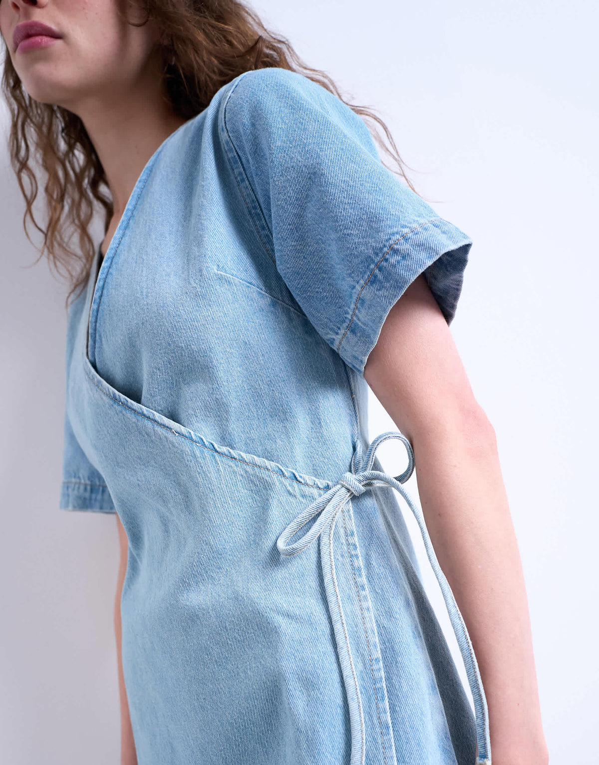 Topshop denim wrap mini dress in bleach