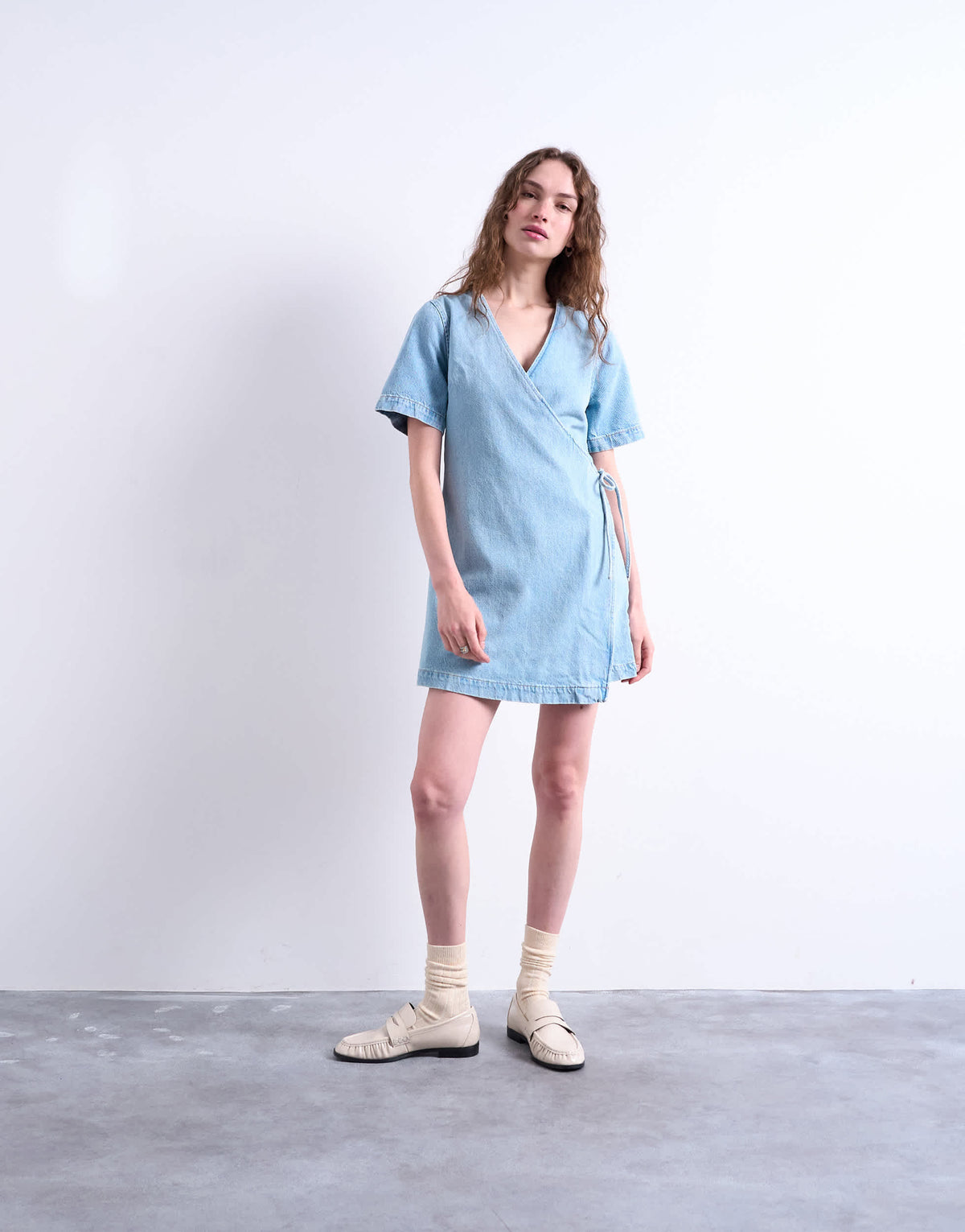 Topshop denim wrap mini dress in bleach