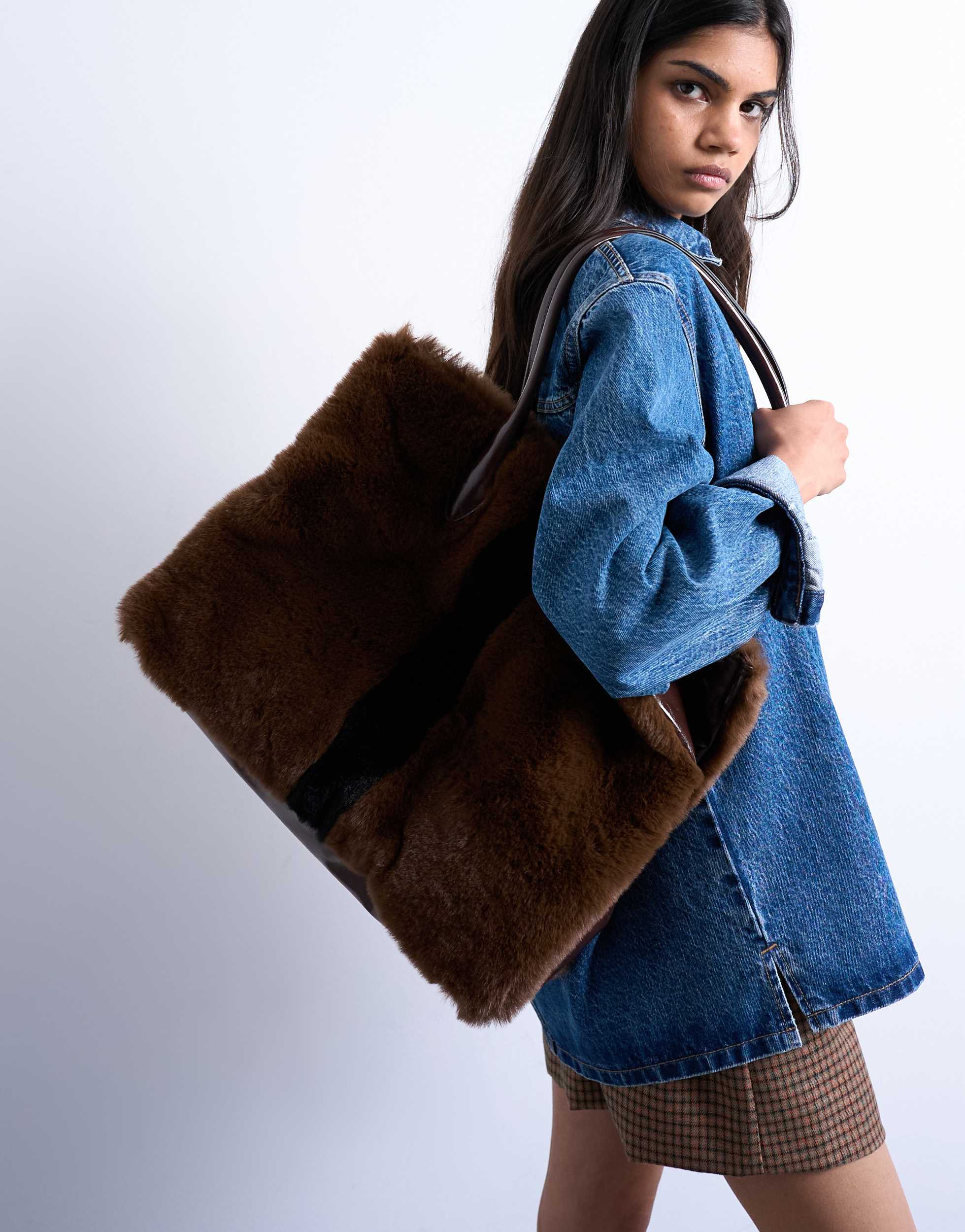 Topshop Teven faux fur tote bag in brown