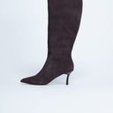 Topshop Tori real suede knee high point toe boot in chocolate