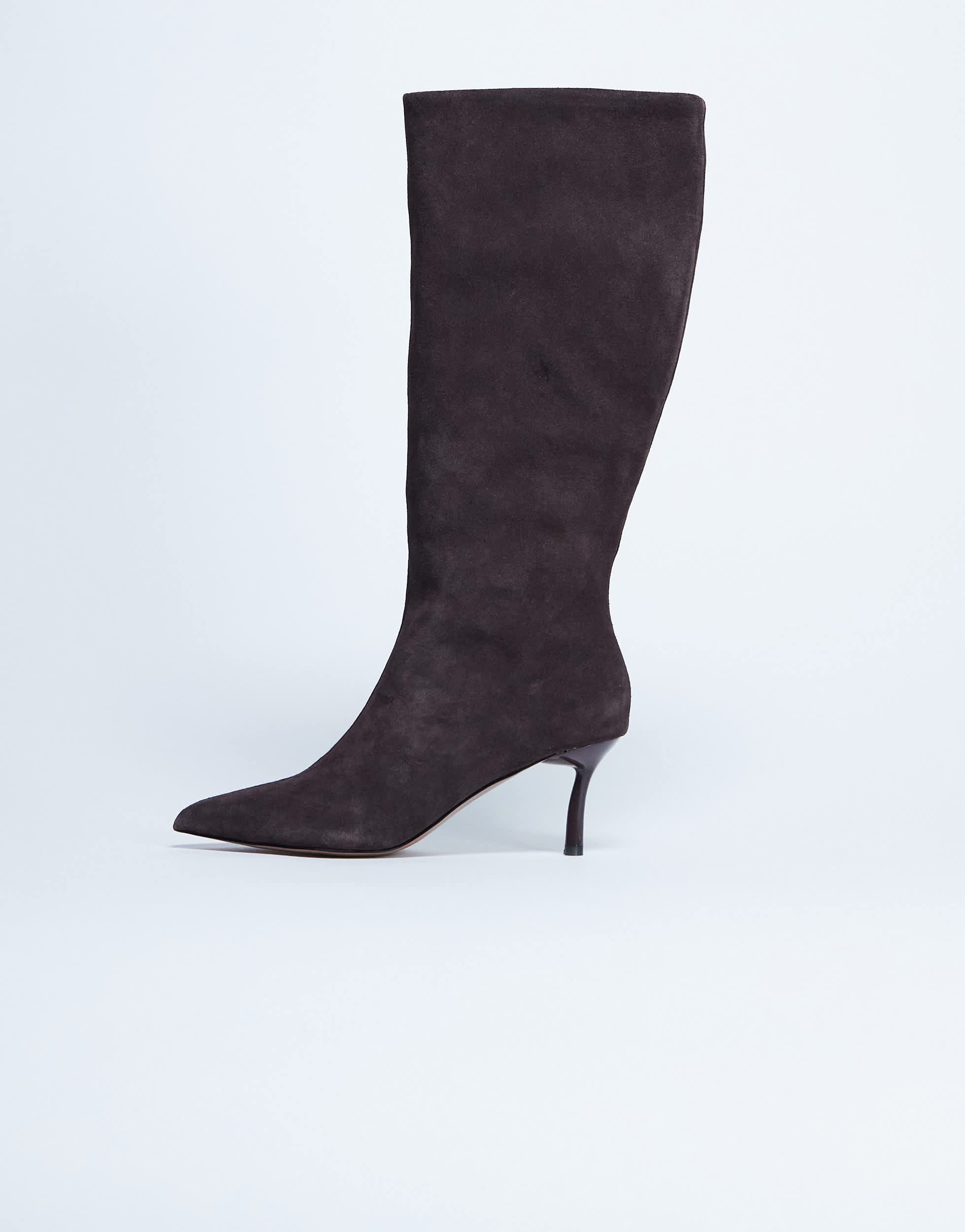 Topshop Tori real suede knee high point toe boot in chocolate