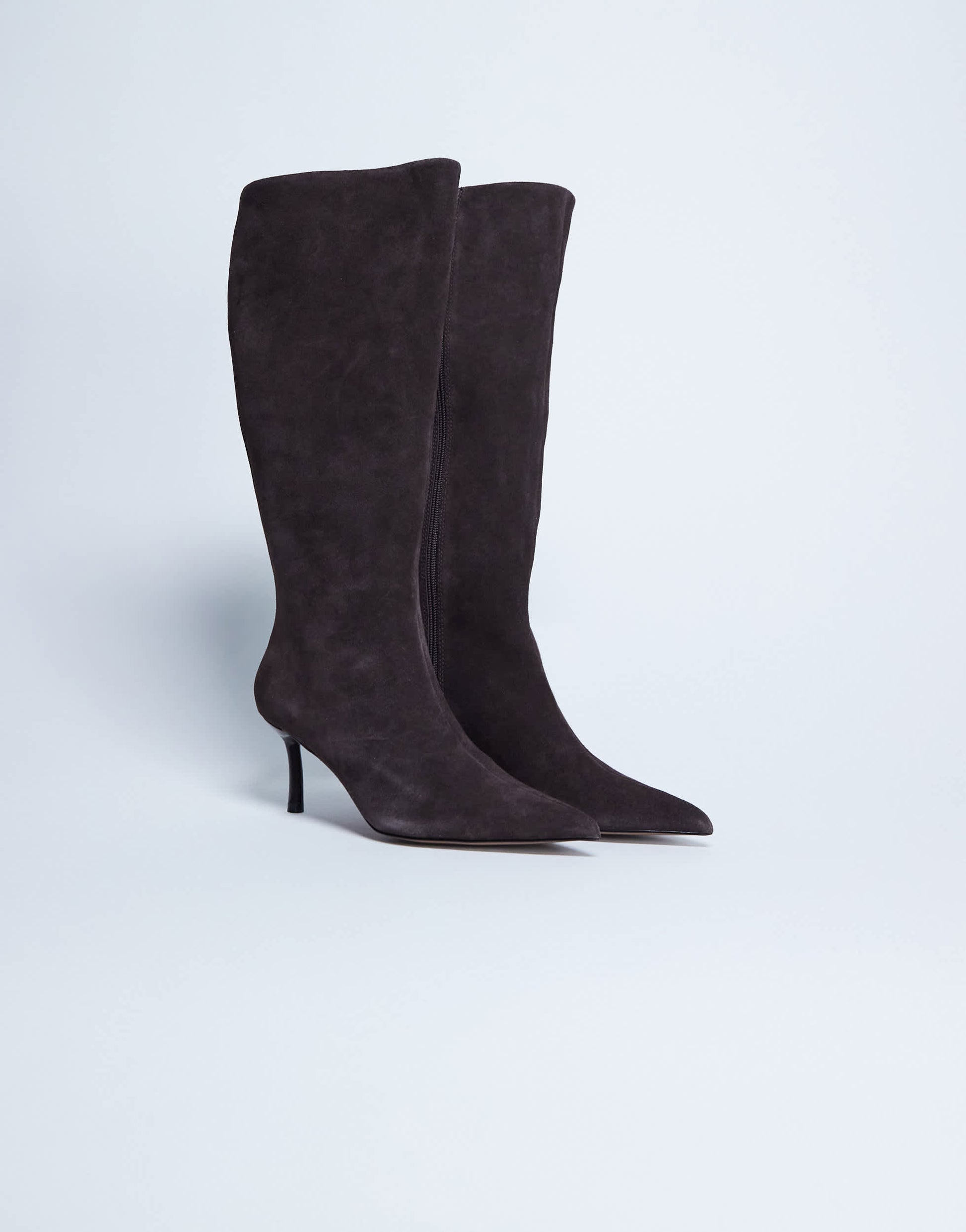 Topshop Tori real suede knee high point toe boot in chocolate
