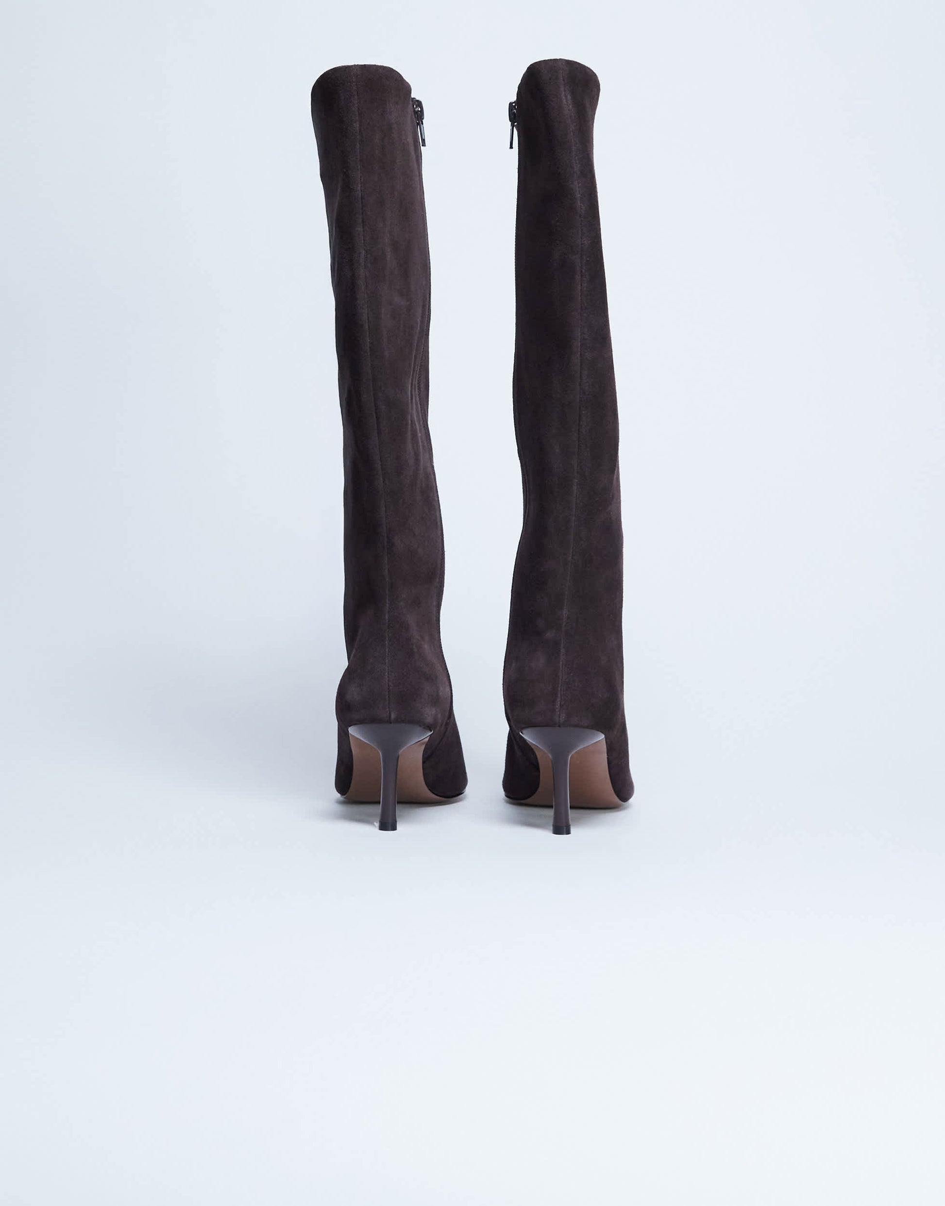 Topshop Tori real suede knee high point toe boot in chocolate