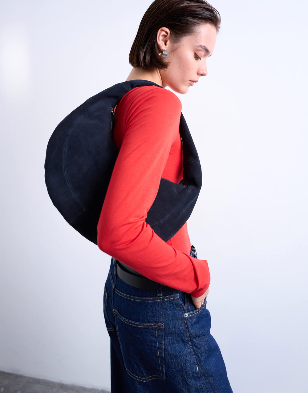 Topshop Cian real suede scoop grab bag in navy