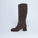 Topshop Thea real suede knee high block heel boot in chocolate