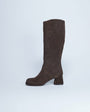 Topshop Thea real suede knee high block heel boot in chocolate
