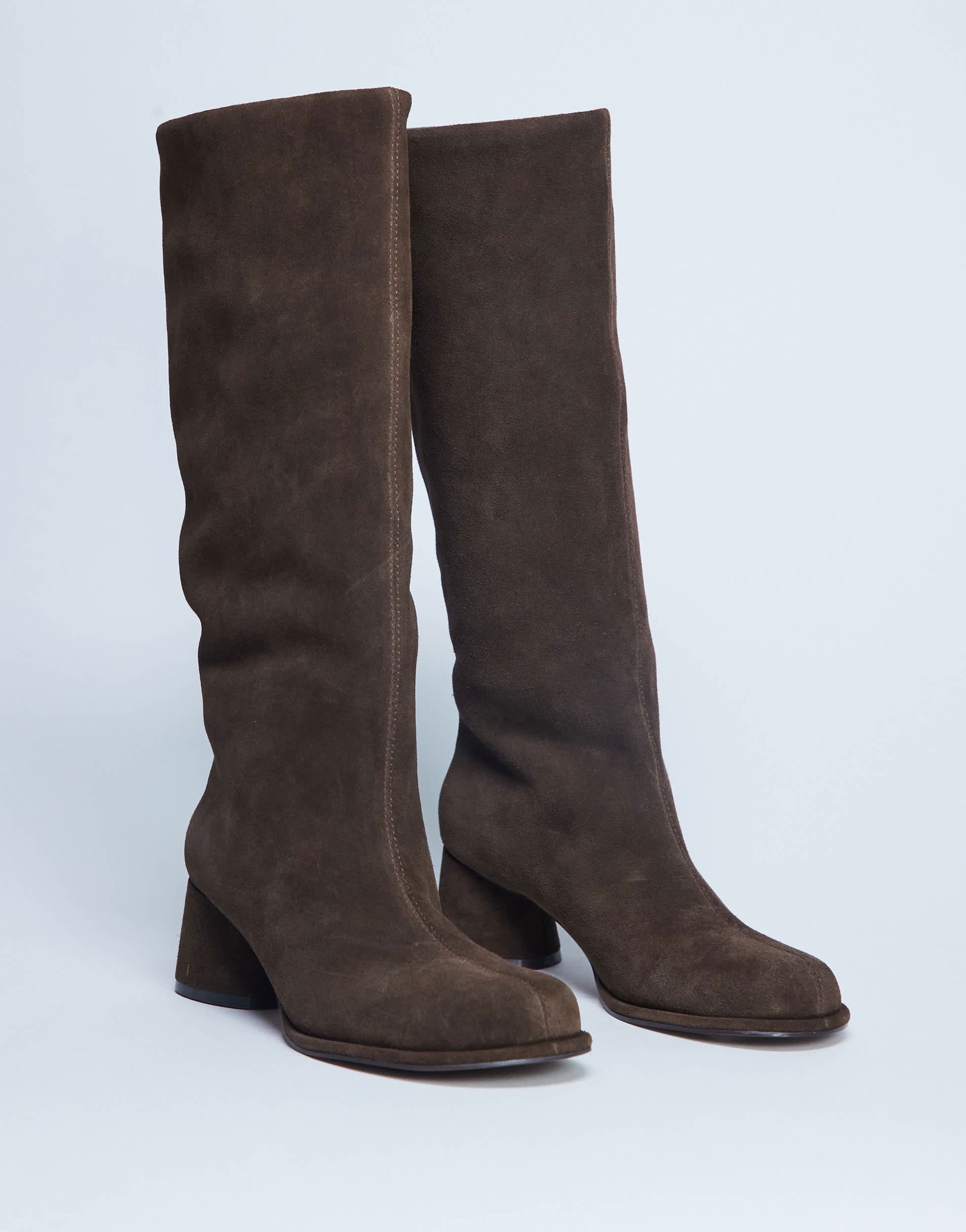 Topshop Thea real suede knee high block heel boot in chocolate