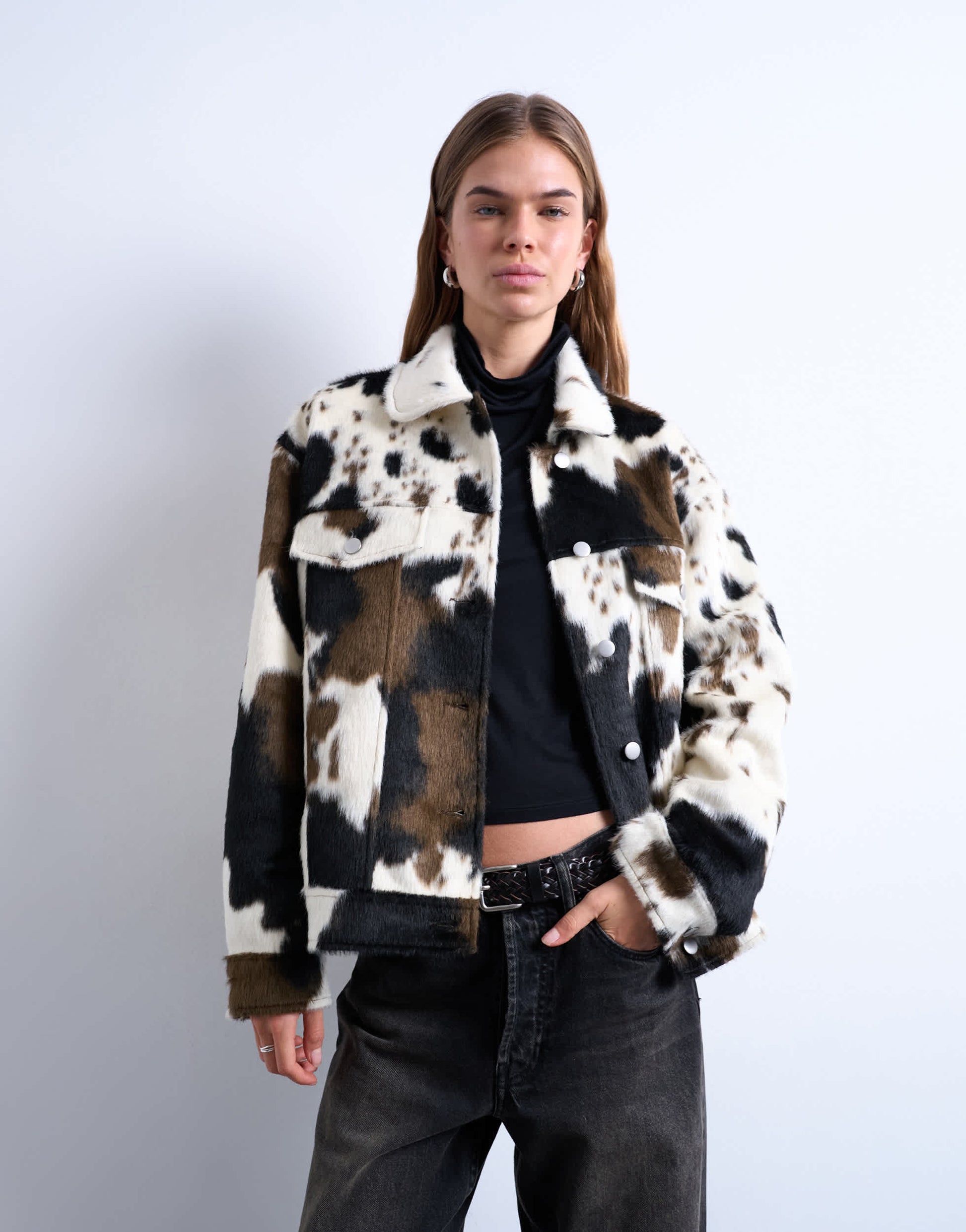 Topshop faux fur western trucker jacket in cow print