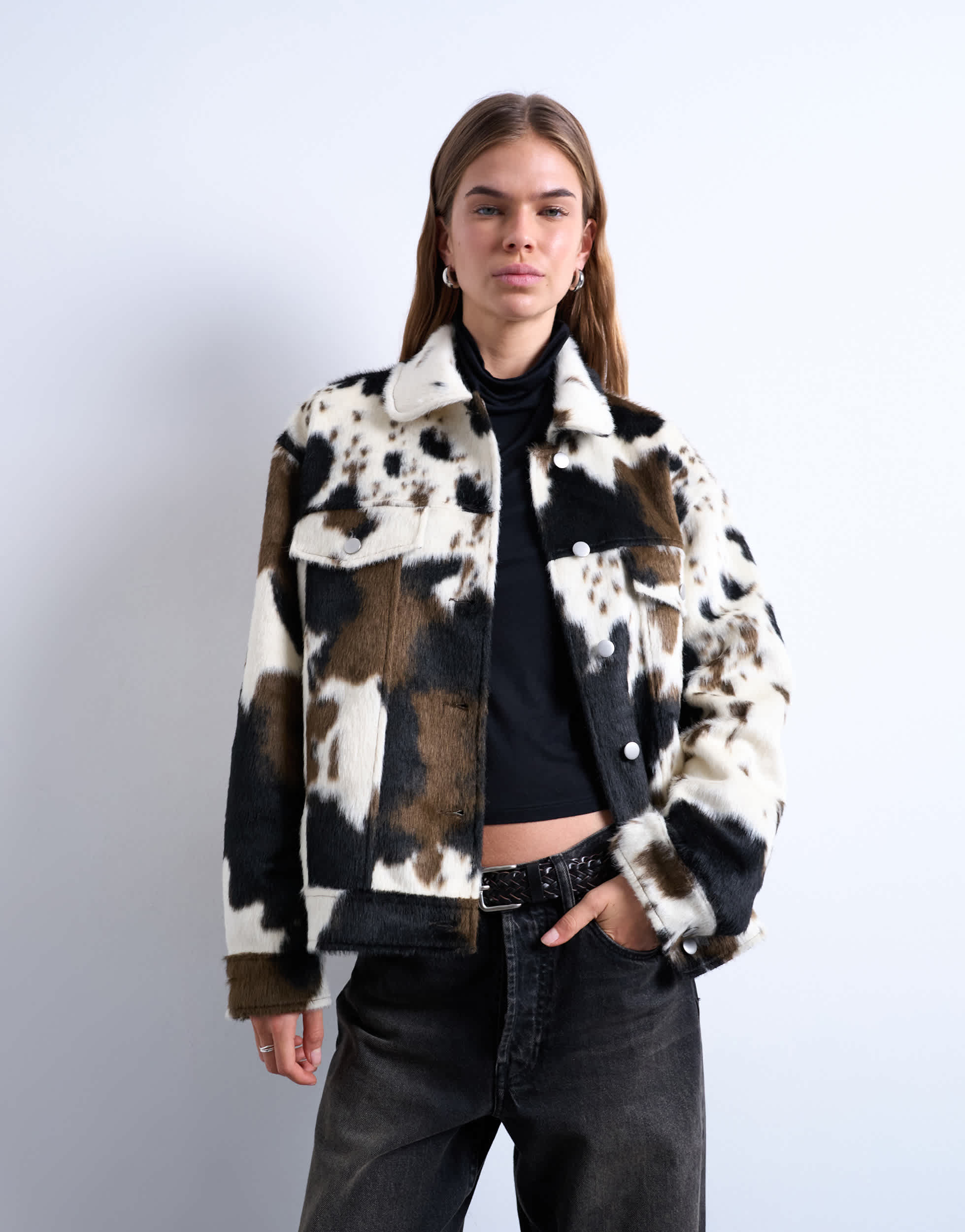Topshop faux fur western trucker jacket in cow print