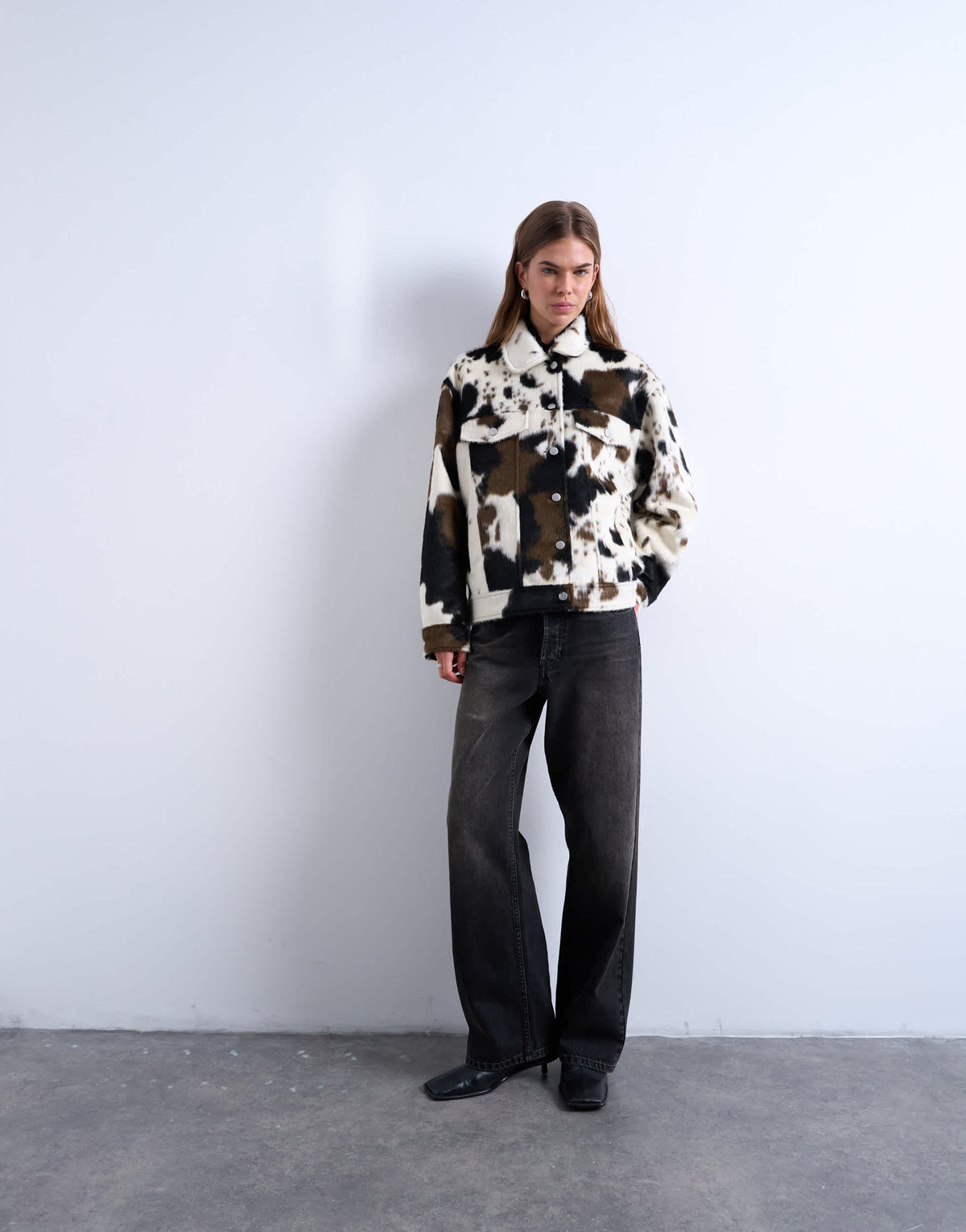 Topshop faux fur western trucker jacket in cow print