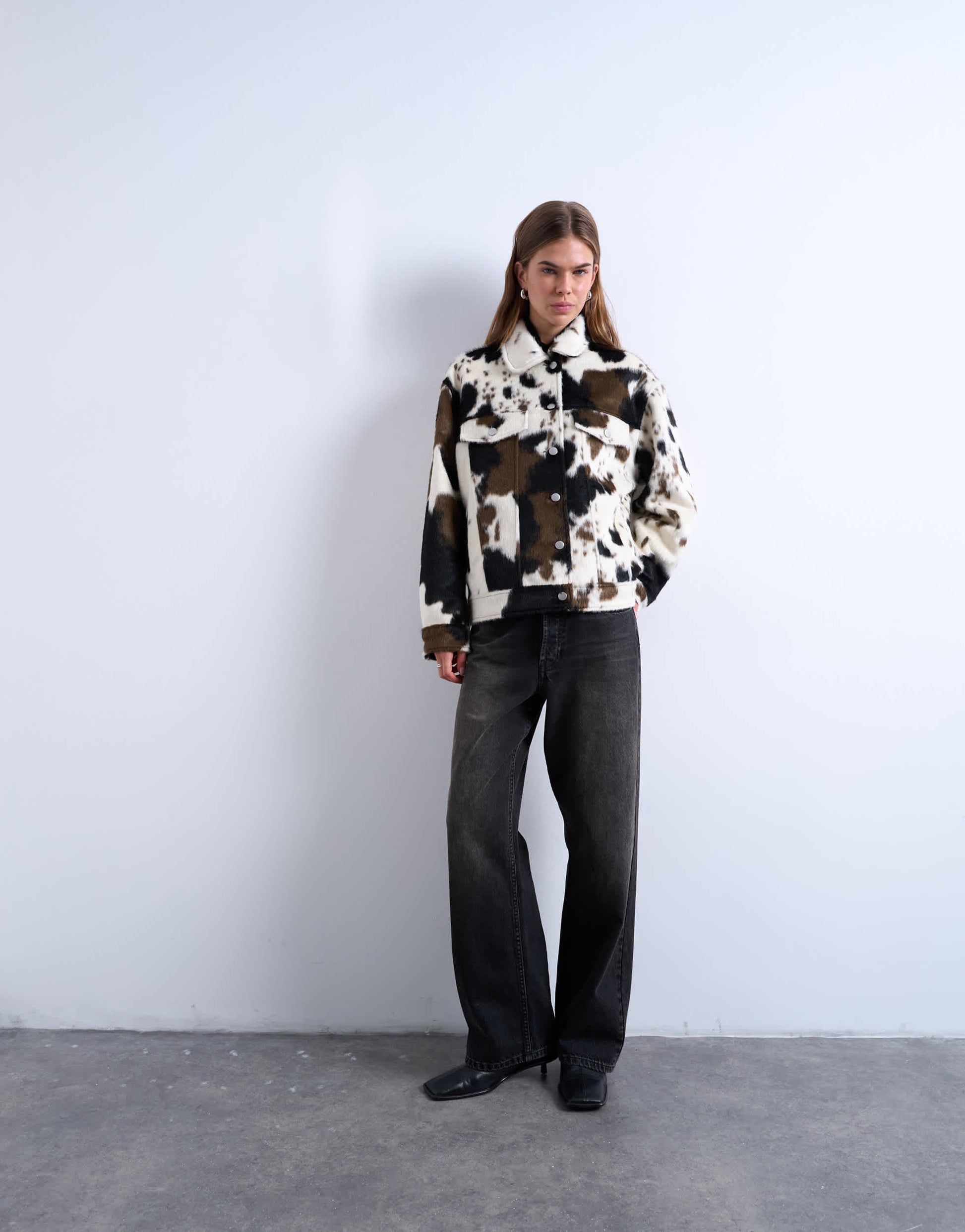Topshop faux fur western trucker jacket in cow print