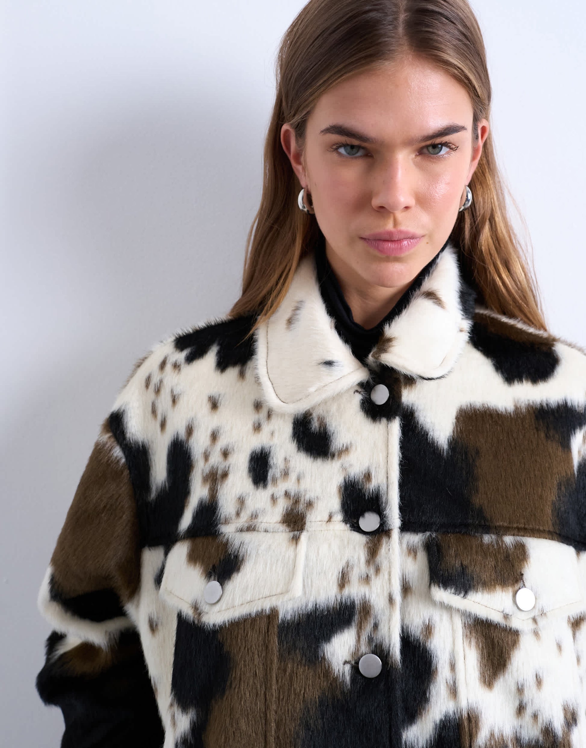 Topshop faux fur western trucker jacket in cow print