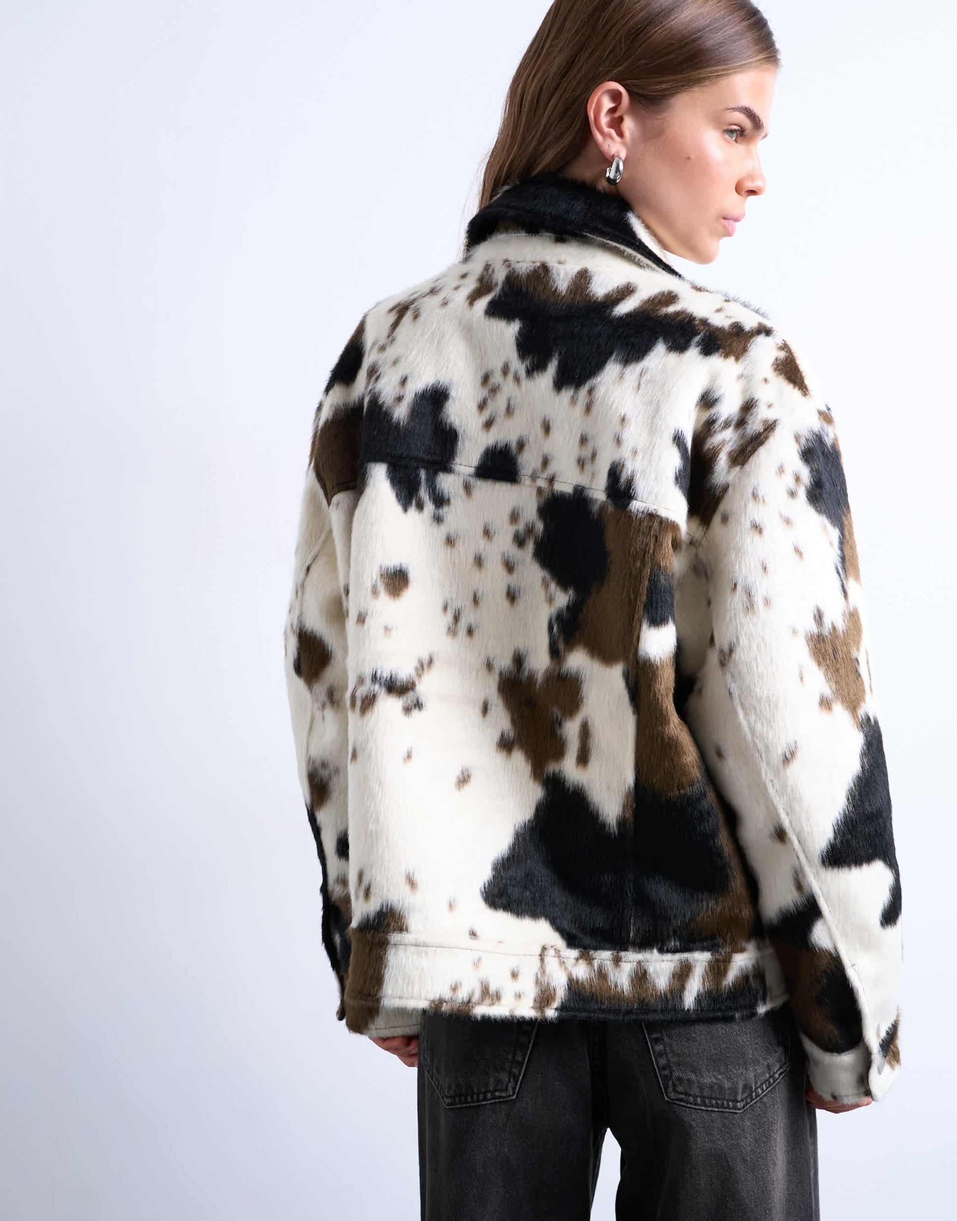 Topshop faux fur western trucker jacket in cow print
